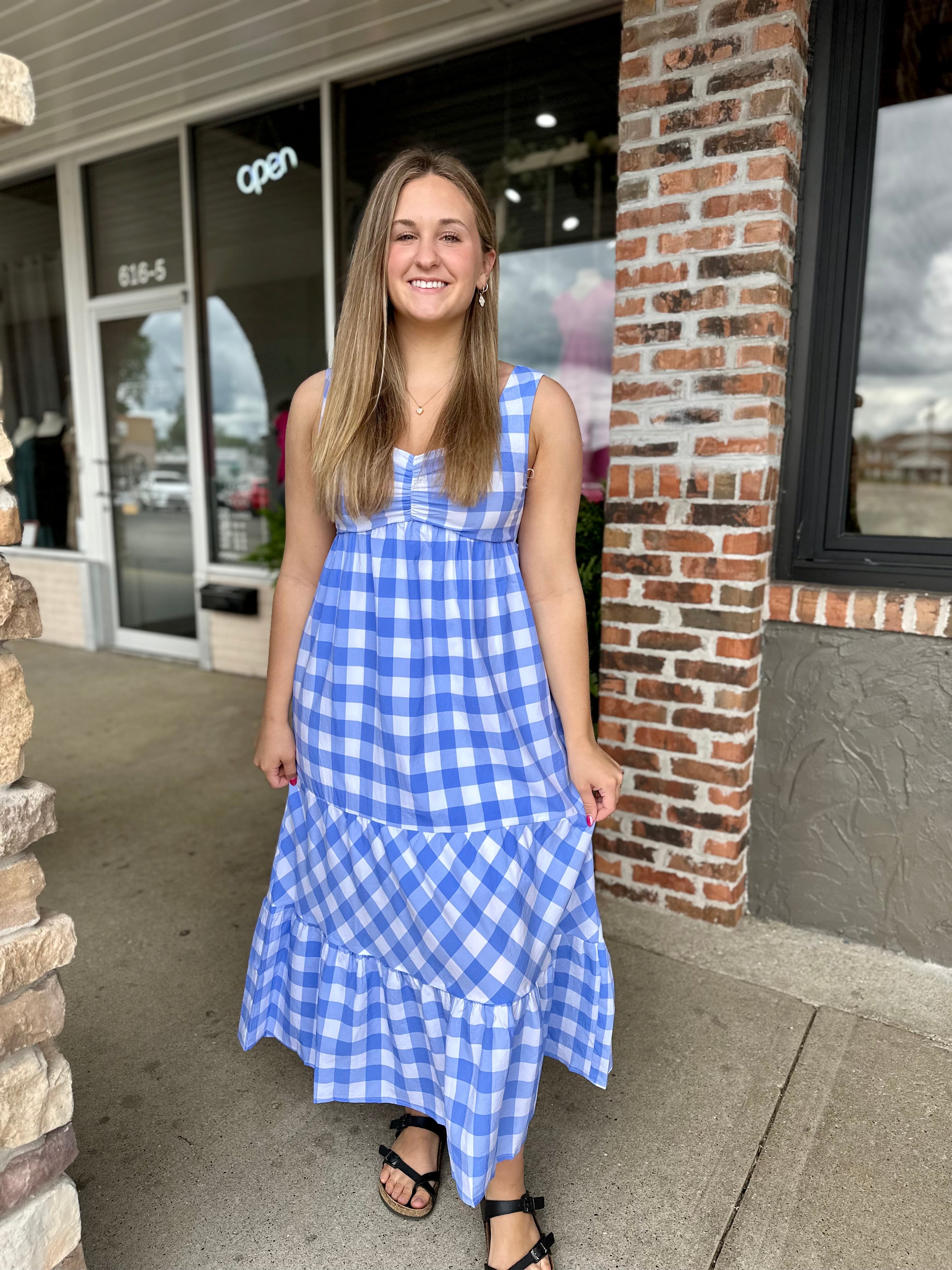 Blue Gingham Midi Dress