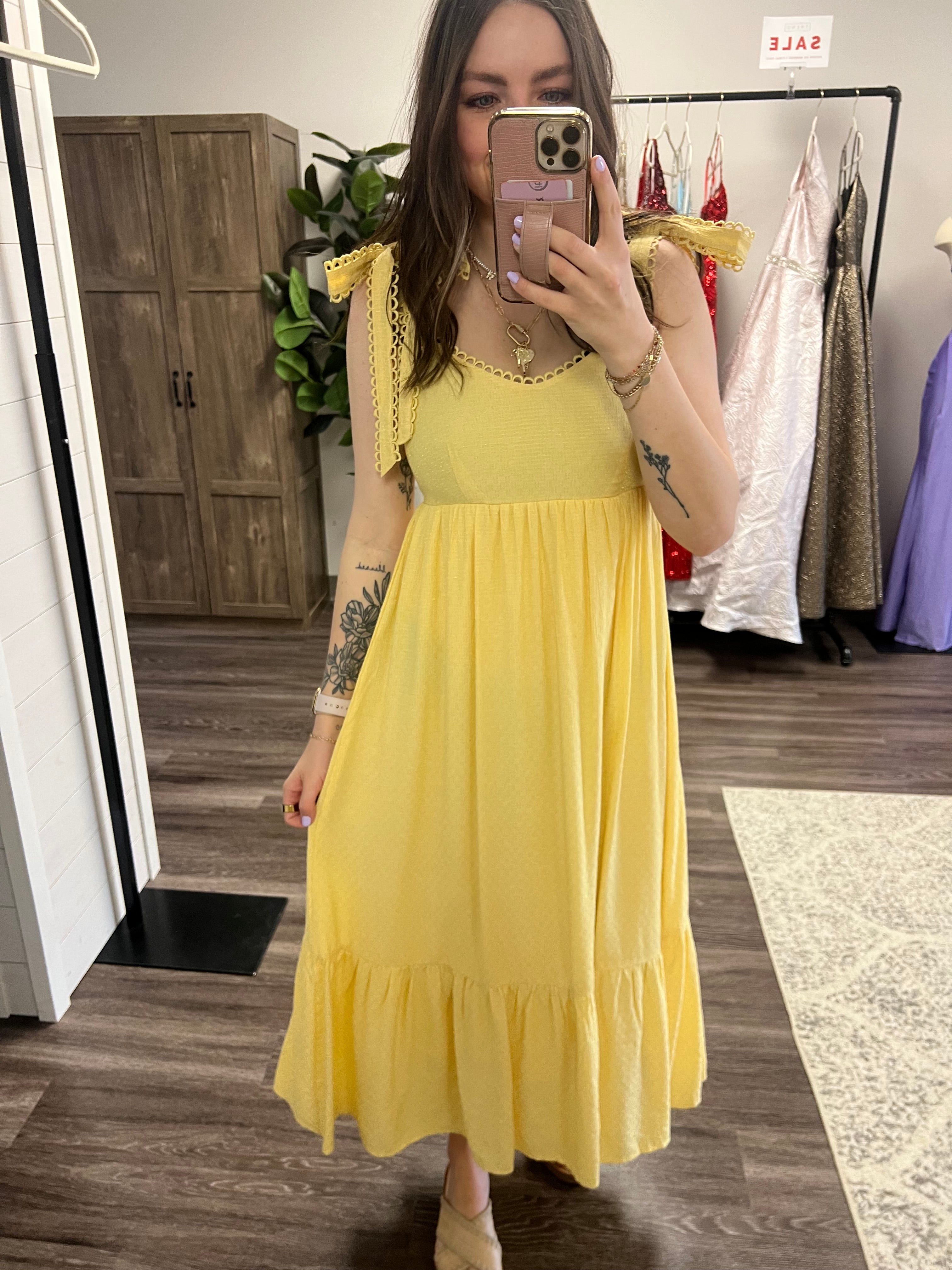 Yellow Eyelet Trim Midi Dress