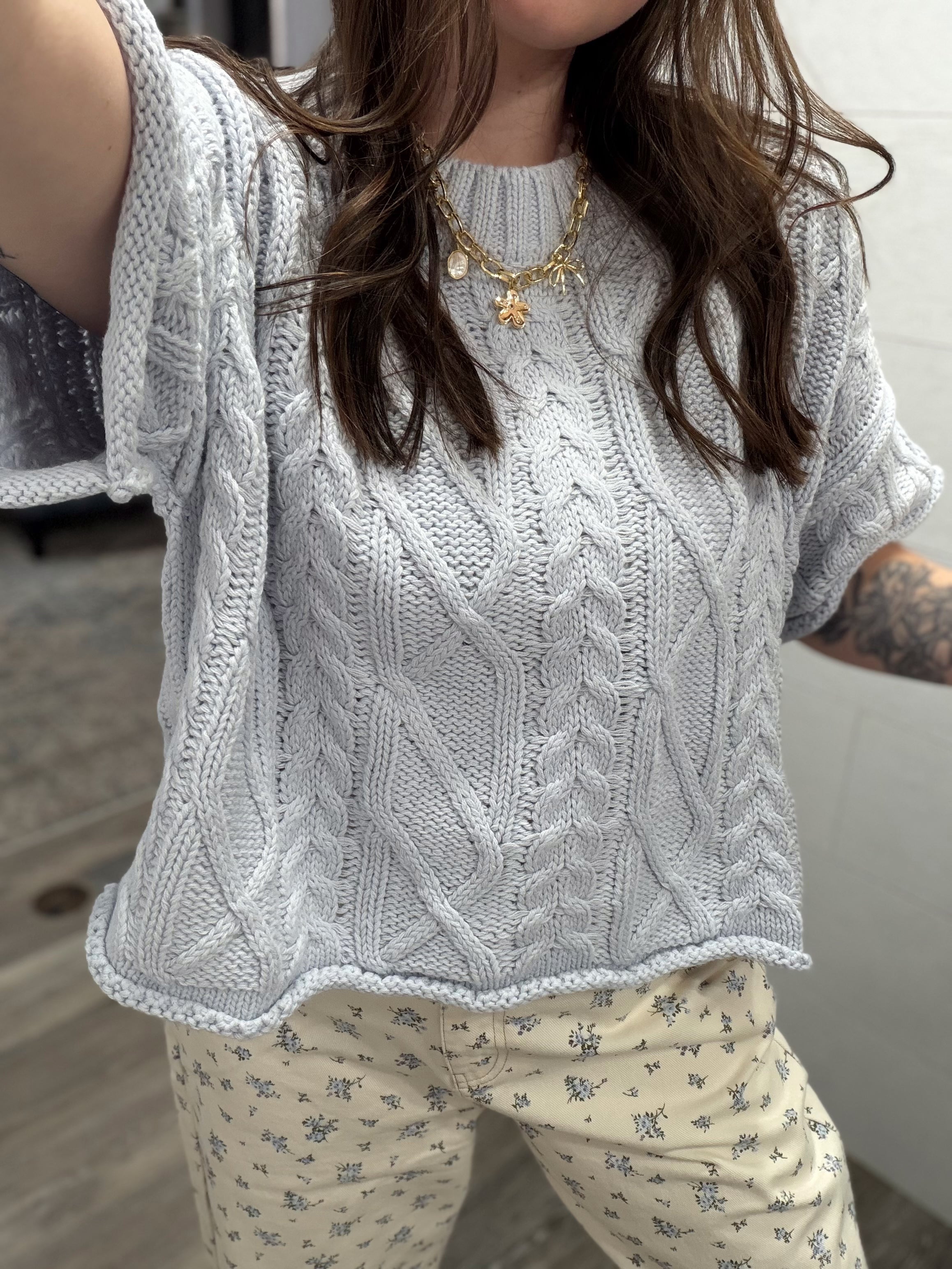 Light Blue Knit Short Sleeve Sweater - FINAL SALE