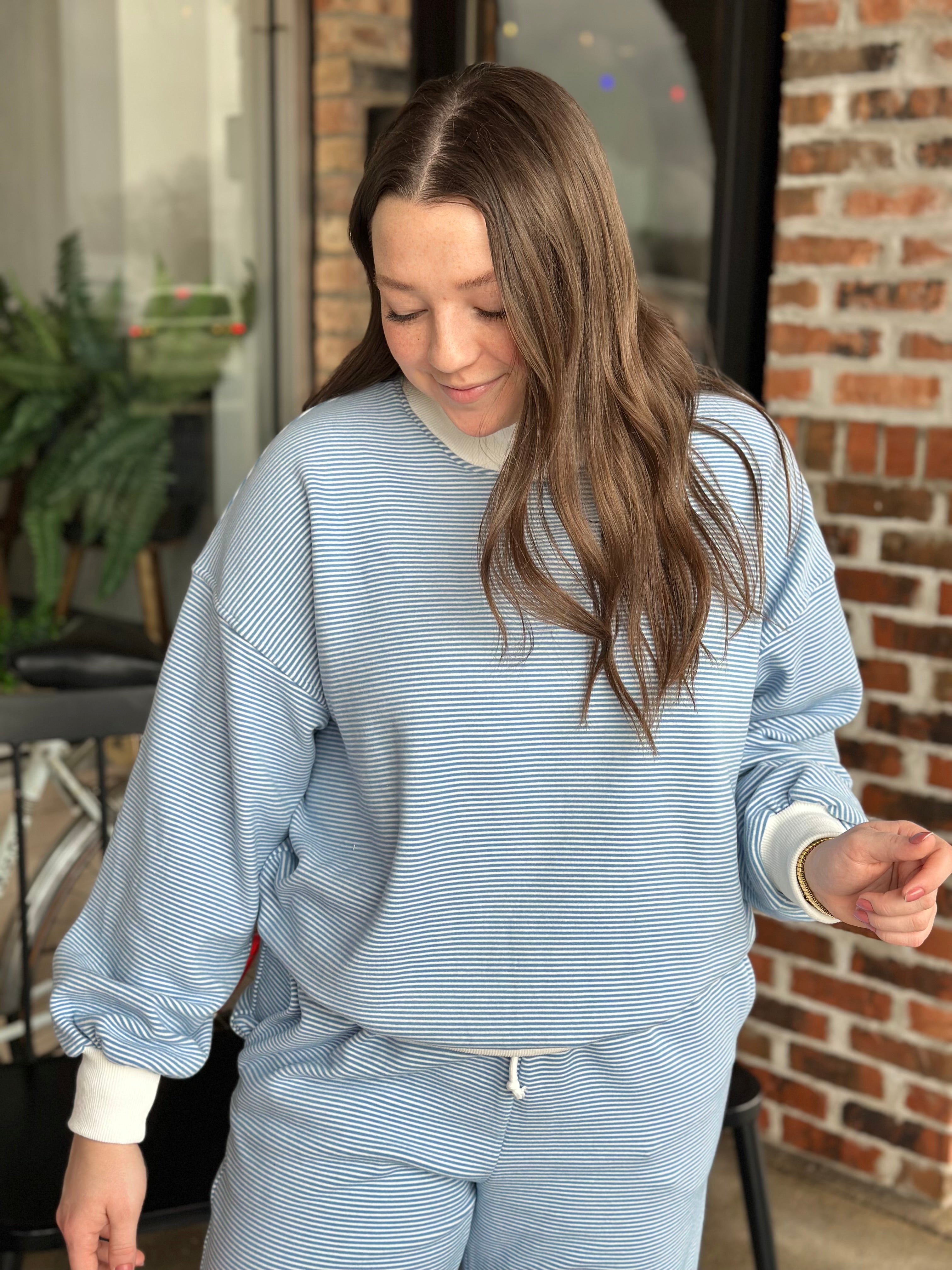 Blue Mock Neck Stripe Sweatshirt