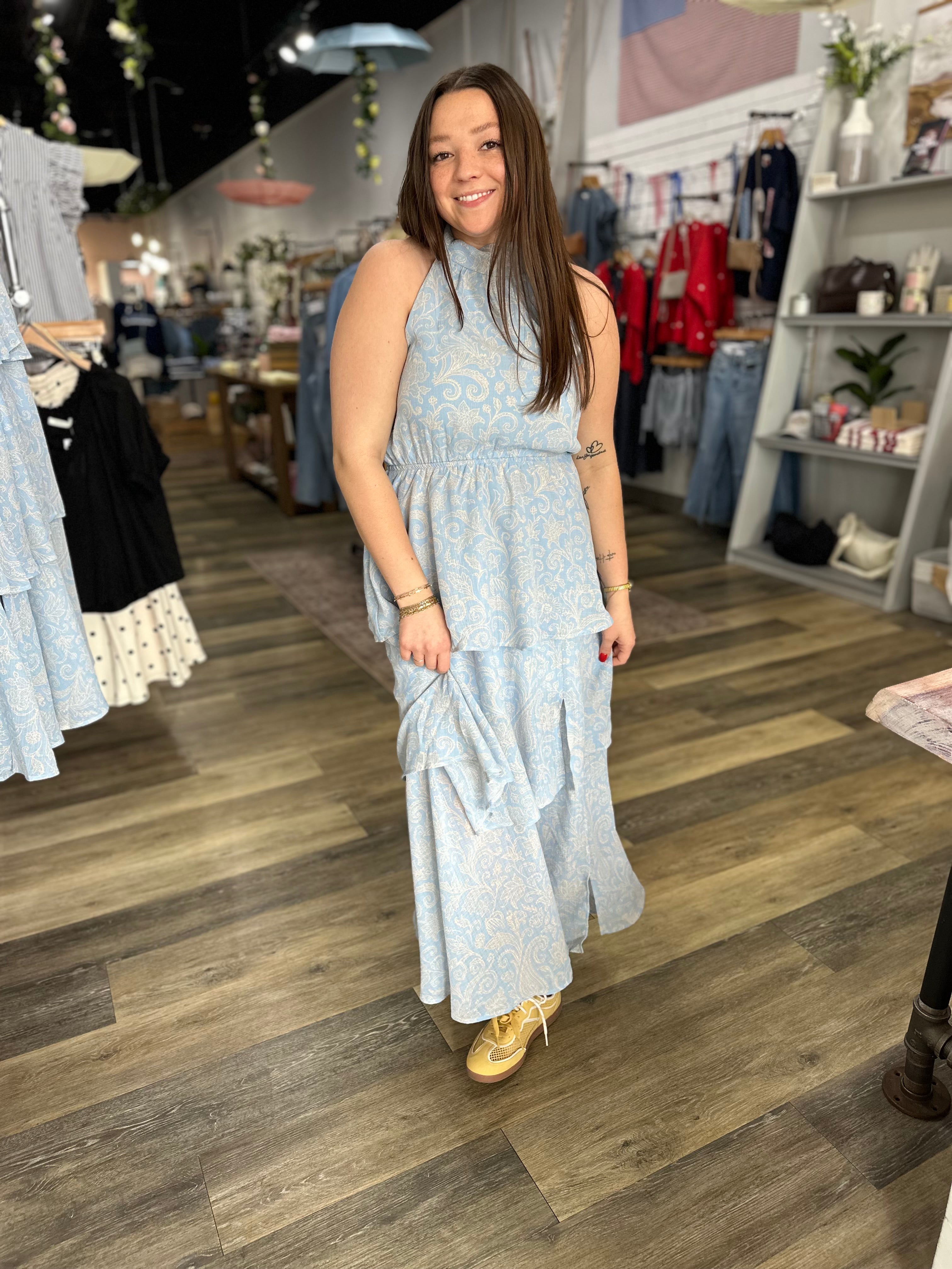 Blue Paisley Ruffle Tiered Midi Dress