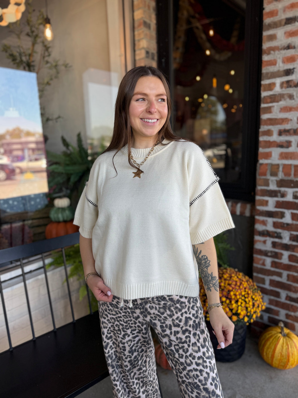 Oatmeal Sweater with Contrast Stitch
