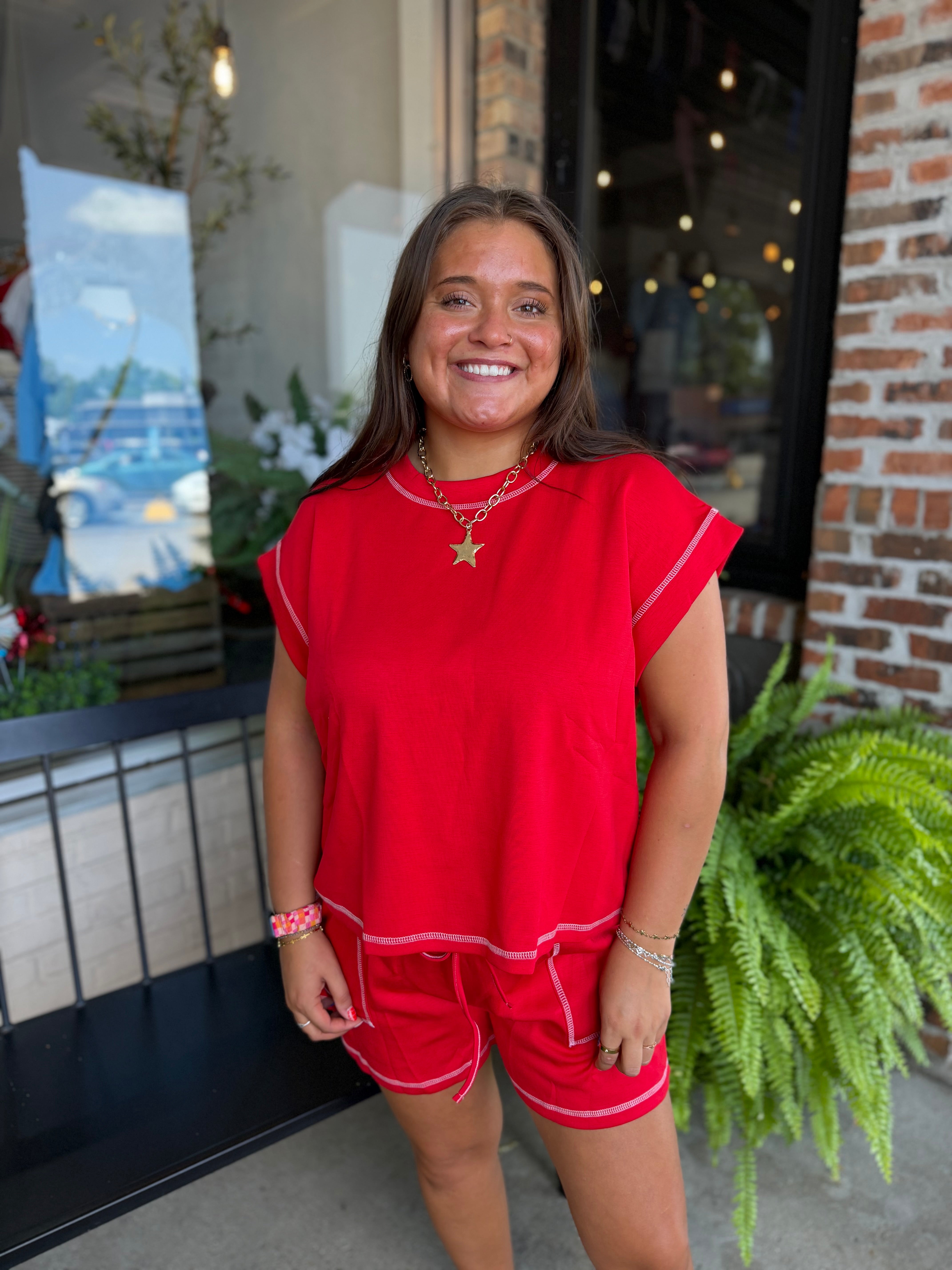 Red Contrast Stitch Shorts