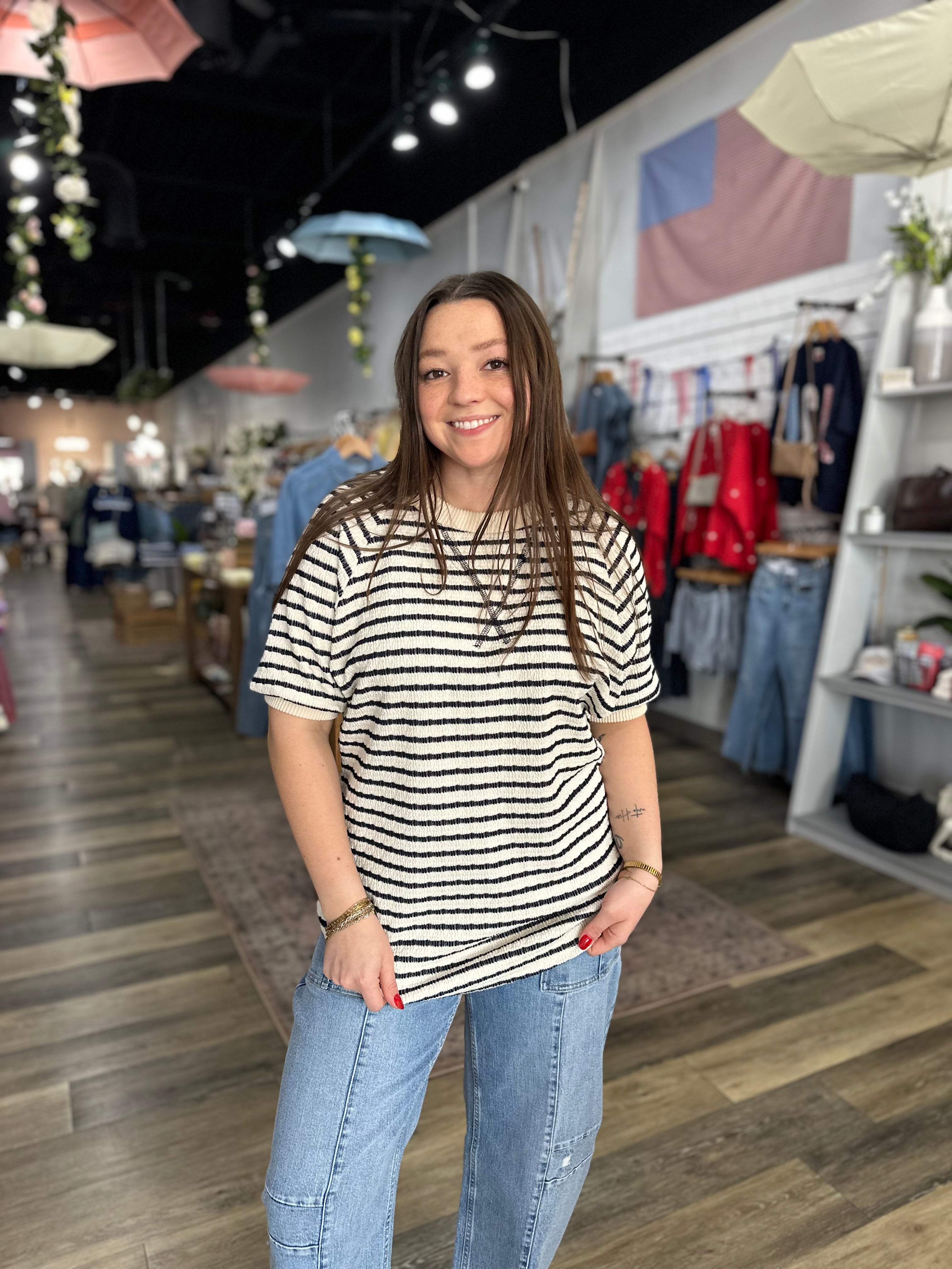 Navy Stripe V-Seam Top