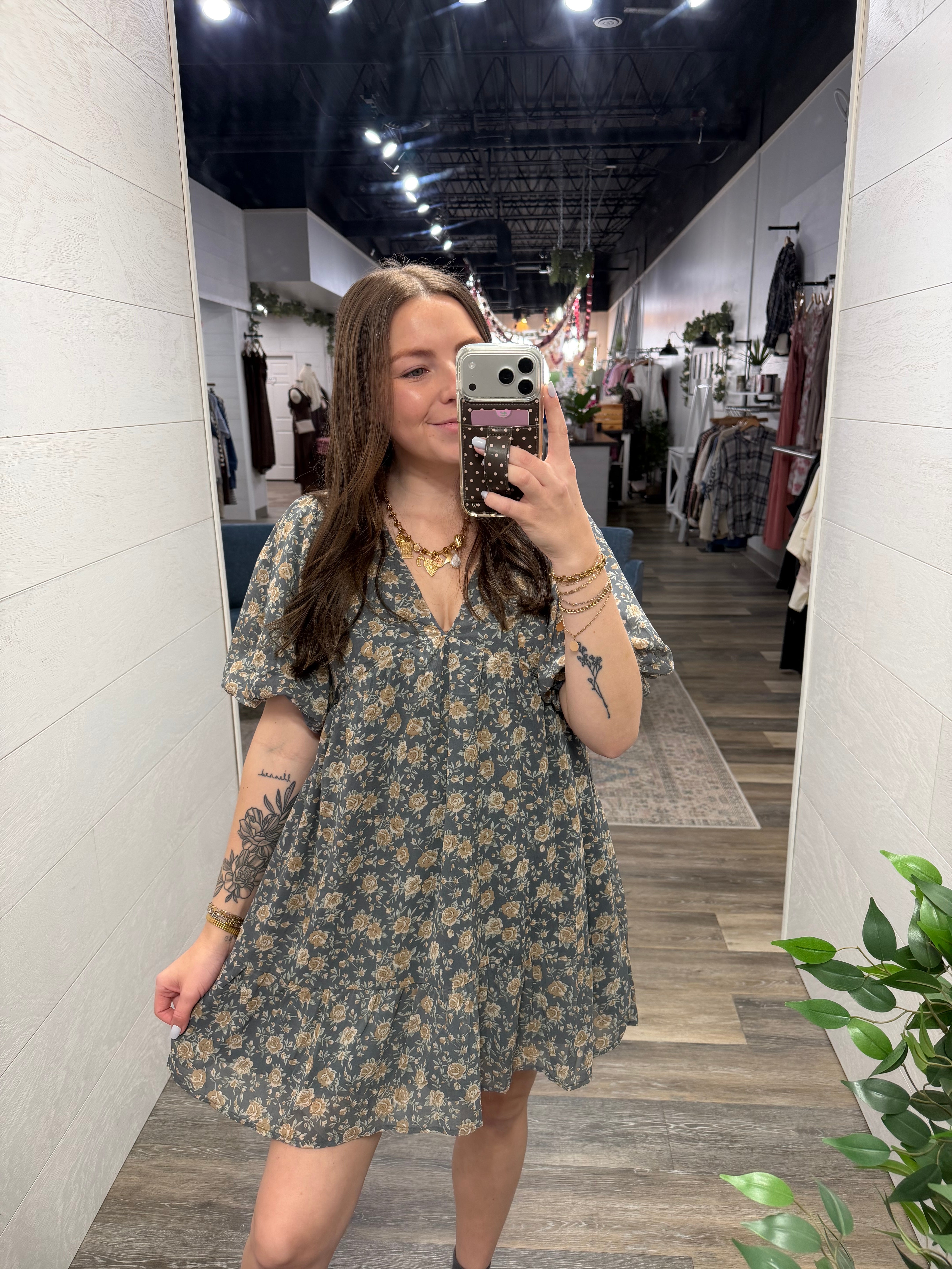 Blue Floral Bubble Sleeve Mini Dress