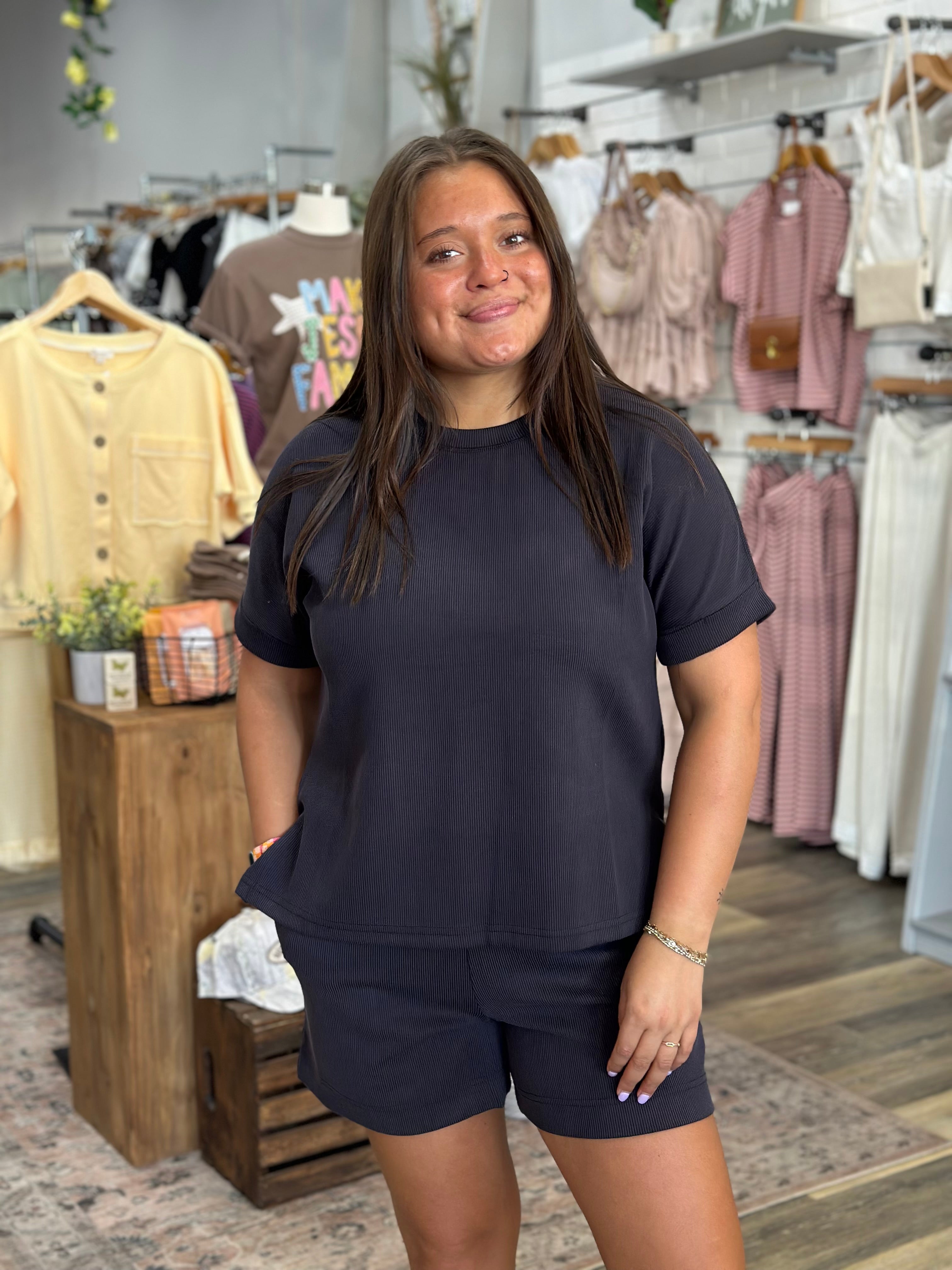 Black Luxe Sand Wash Rib Lounge Tee