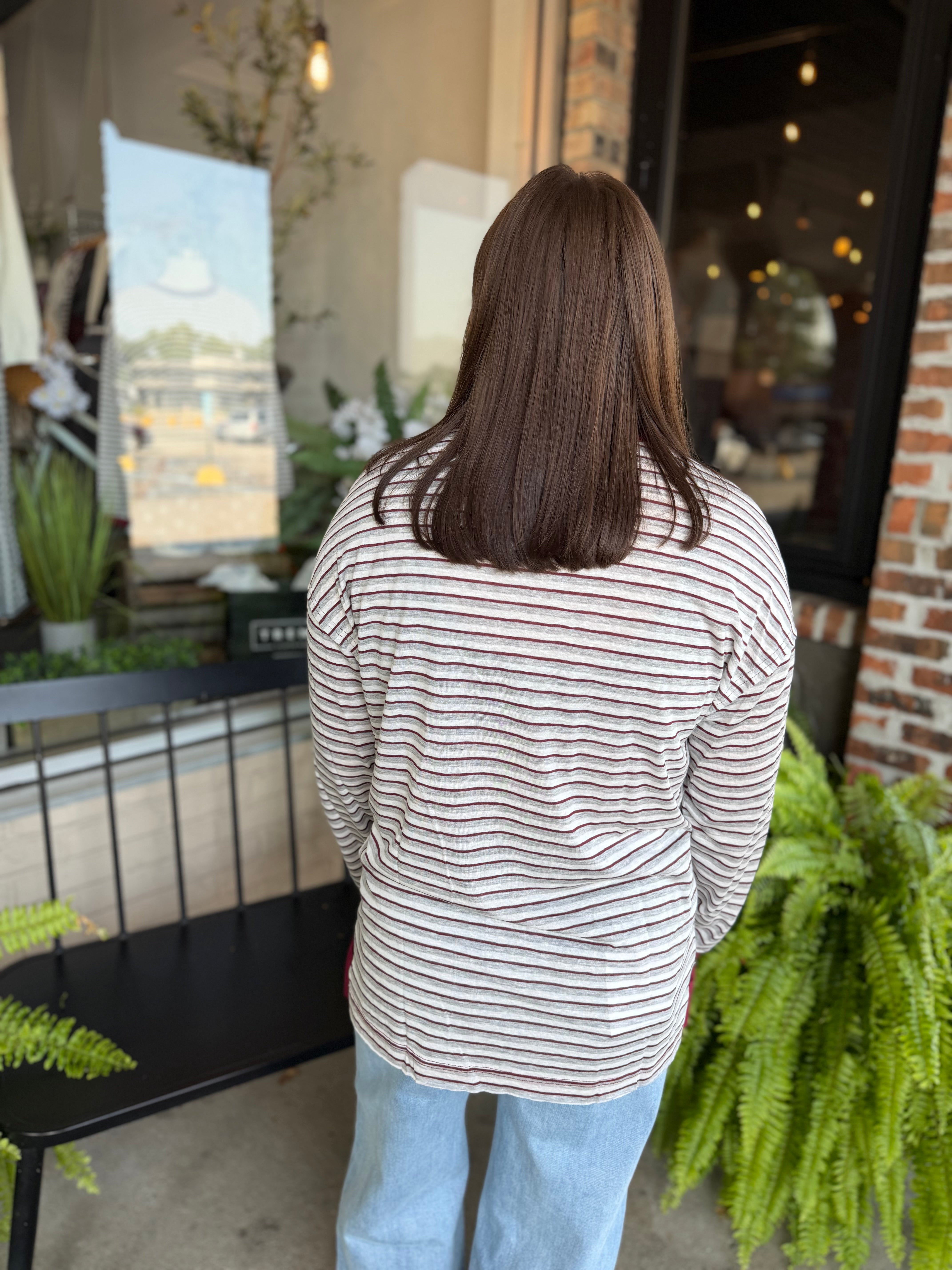 Burgundy Striped Jersey Long Sleeve Top