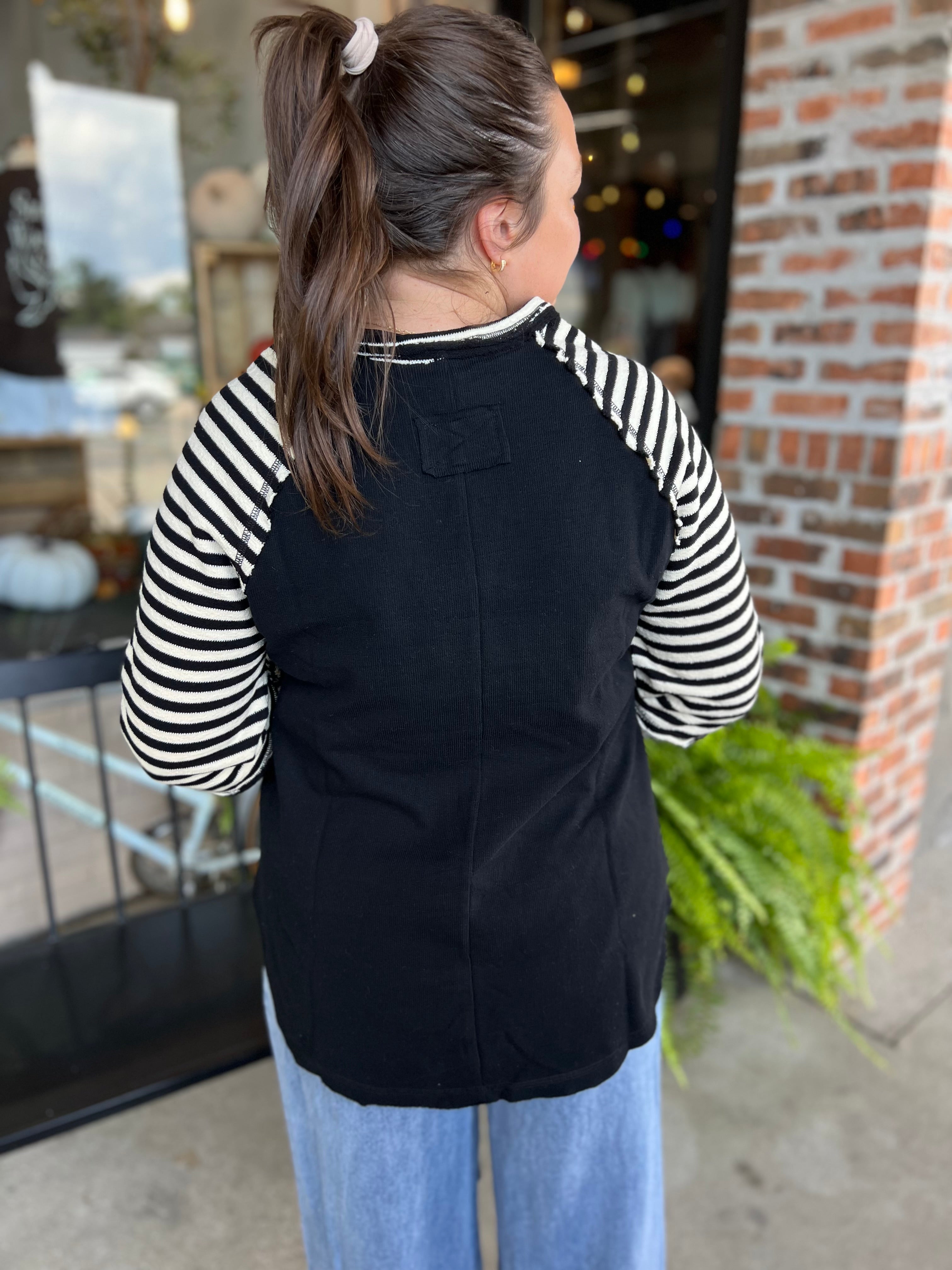 Black Oversized Floral & Stripe Top