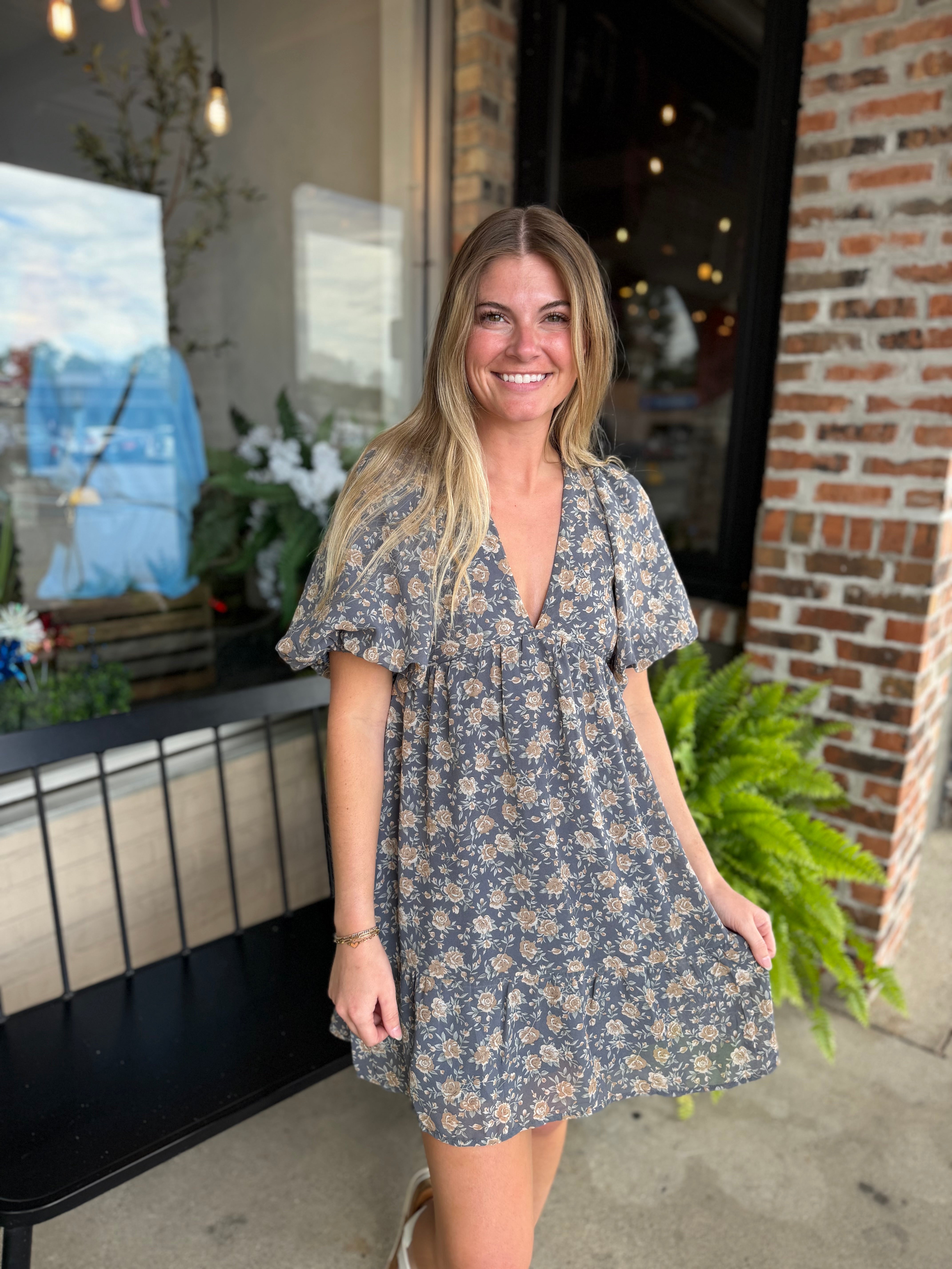 Blue Floral Bubble Sleeve Mini Dress