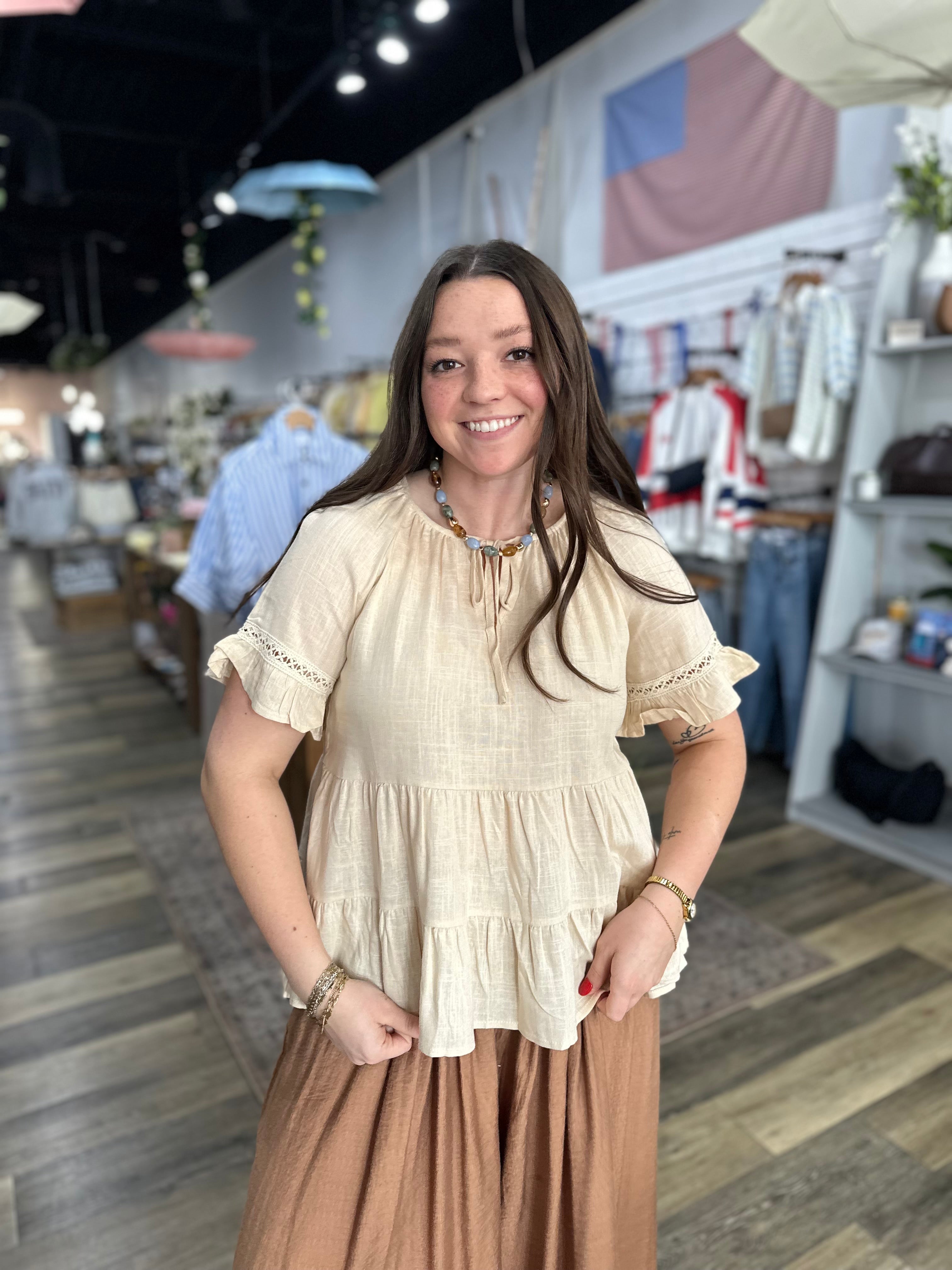Natural Crochet Trim Tiered Tie Front Top