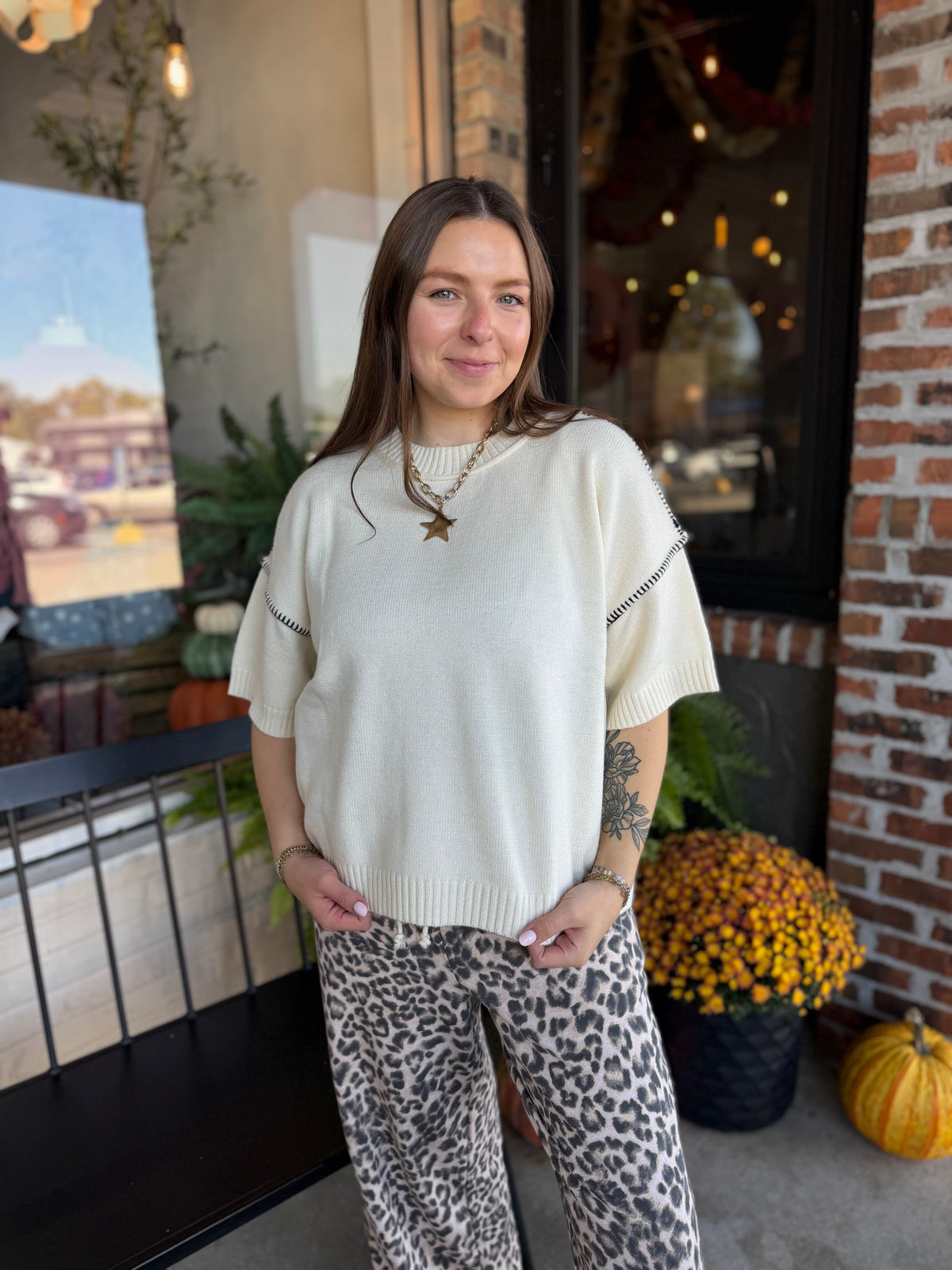 Oatmeal Sweater with Contrast Stitch