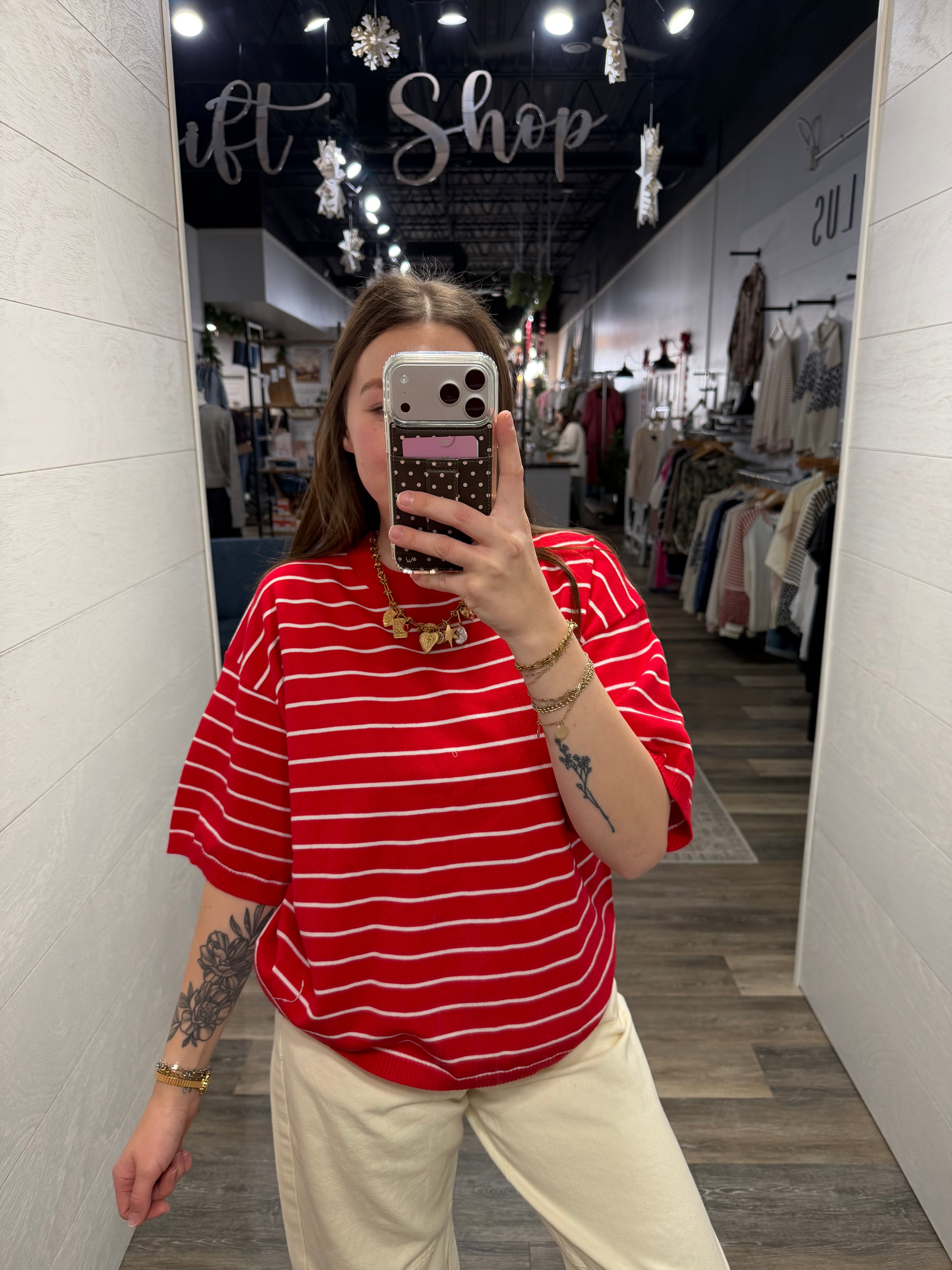 Red Striped Knit Short Sleeve Top