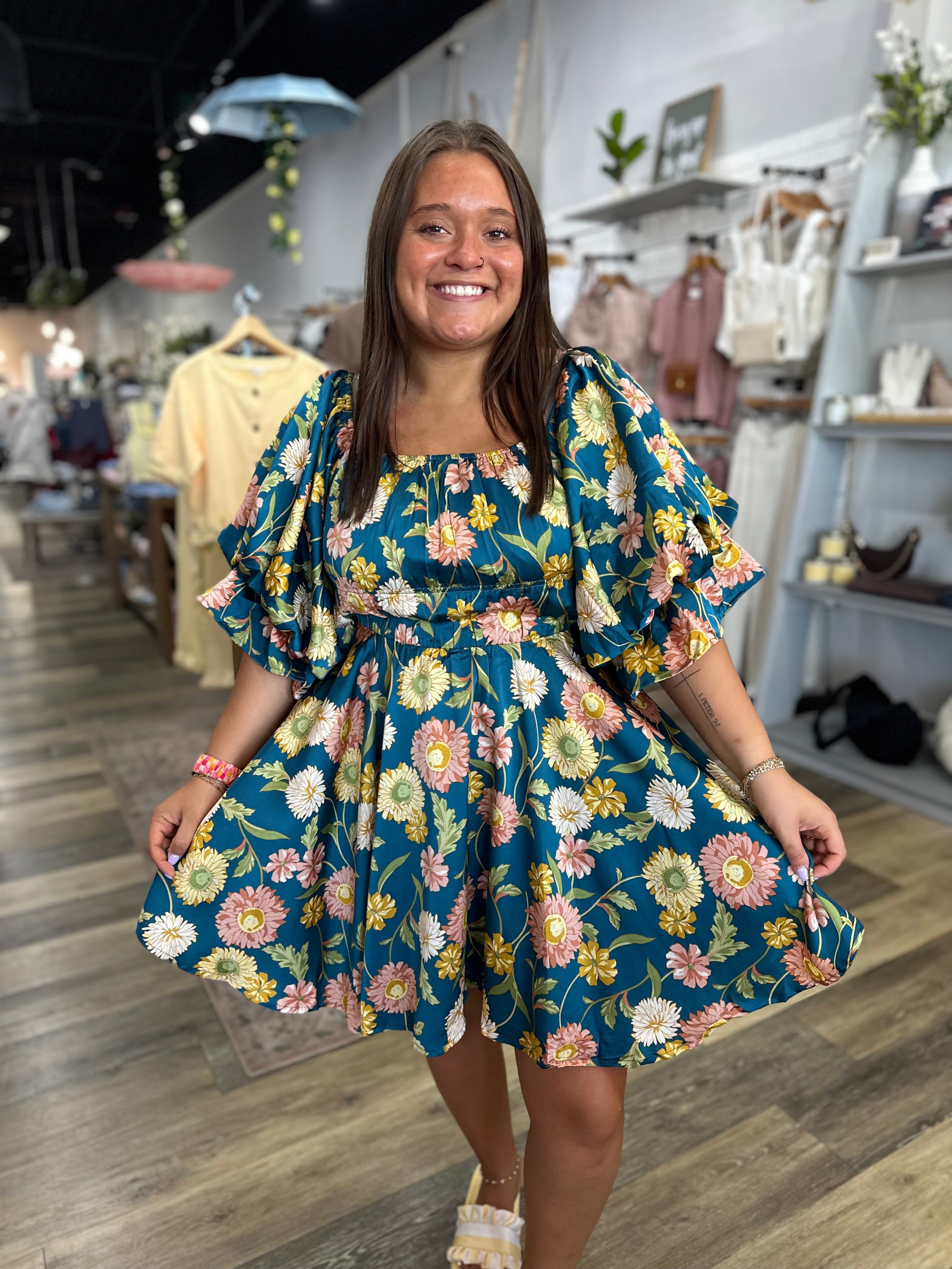 Teal Floral Bubble Sleeve Mini Dress