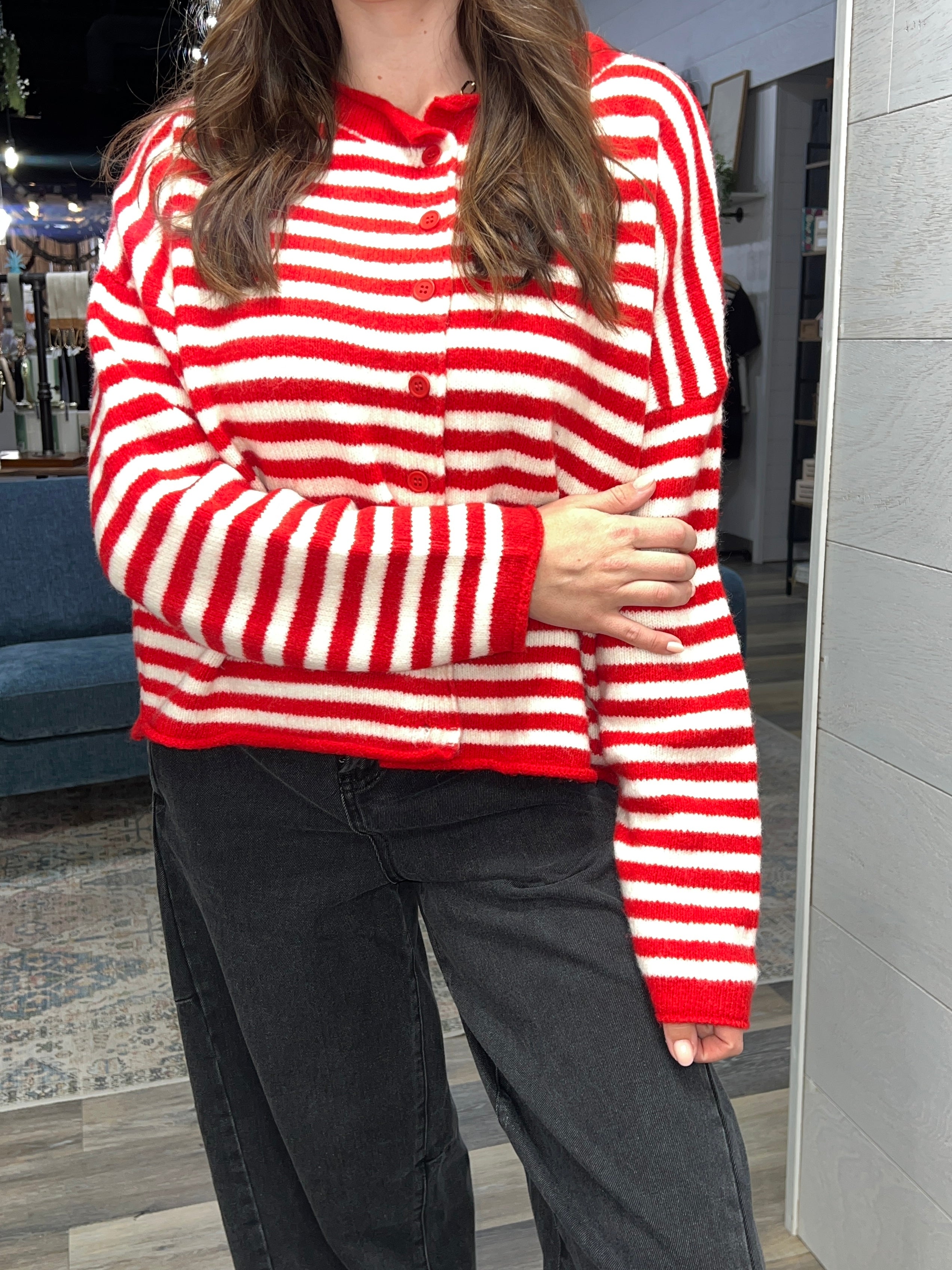 Red Ivory Striped Button Down Cardigan