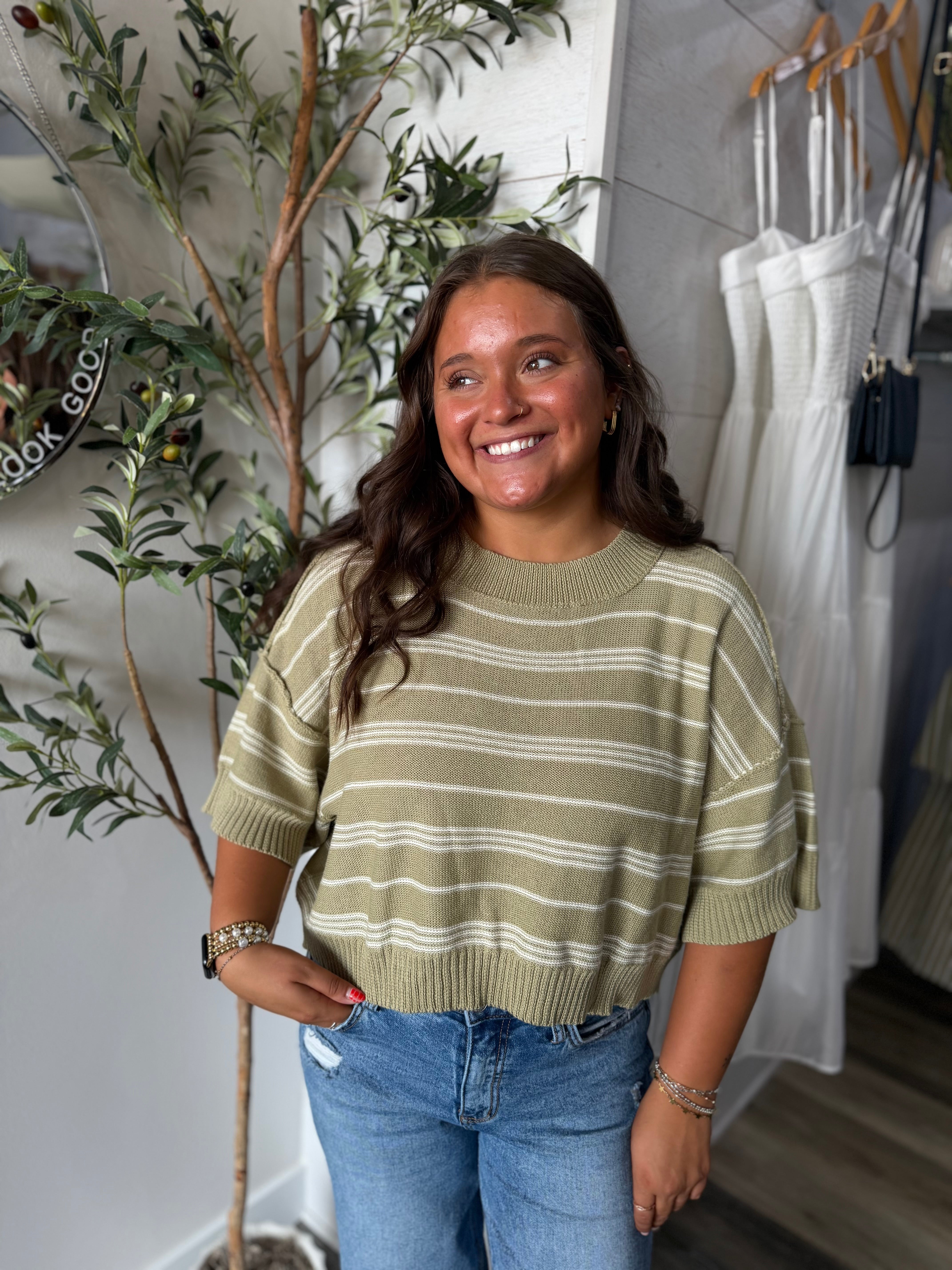 Olive Stripe Drop Shoulder Sweater