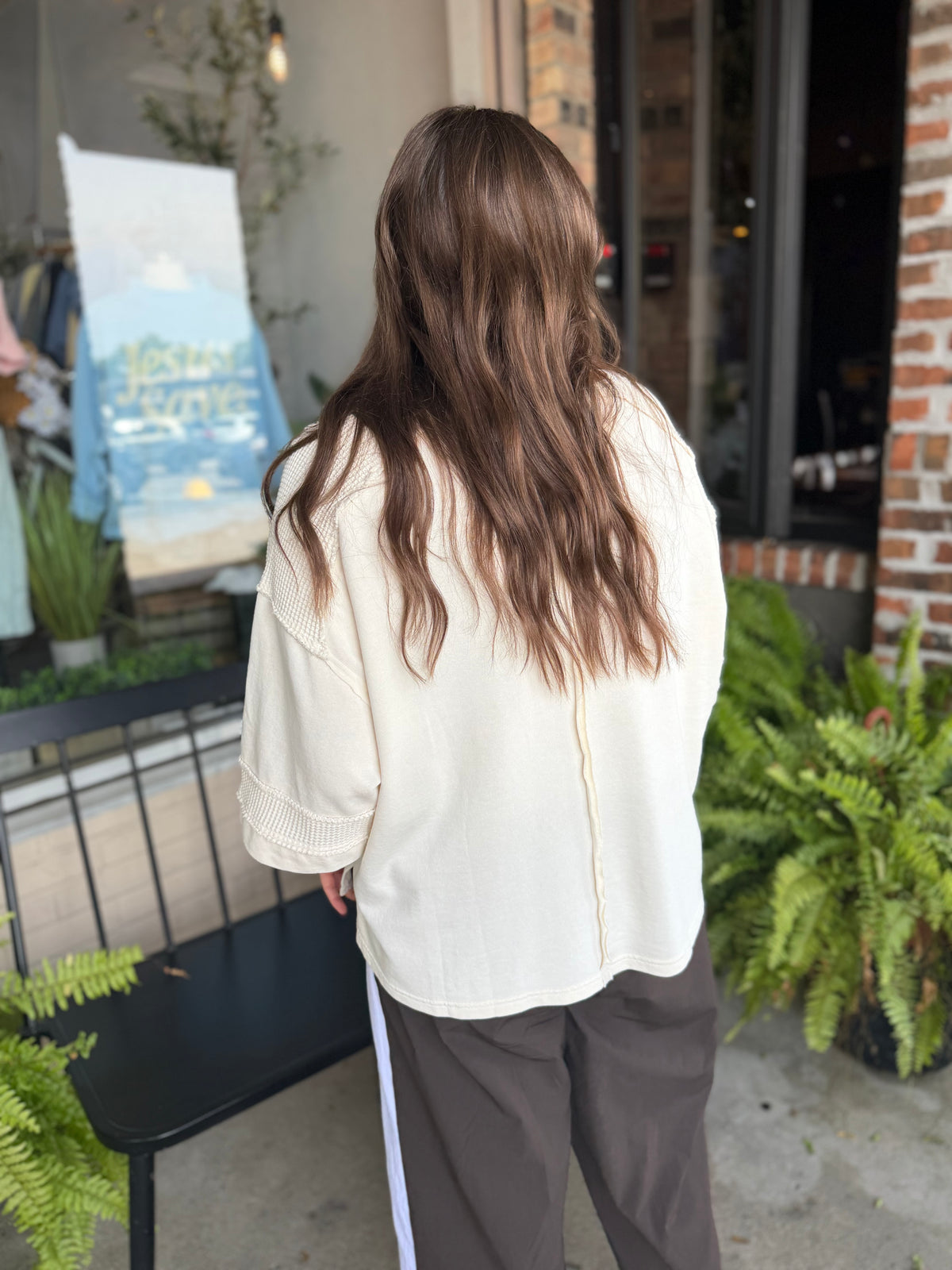Cream Waffle Detail Washed Top