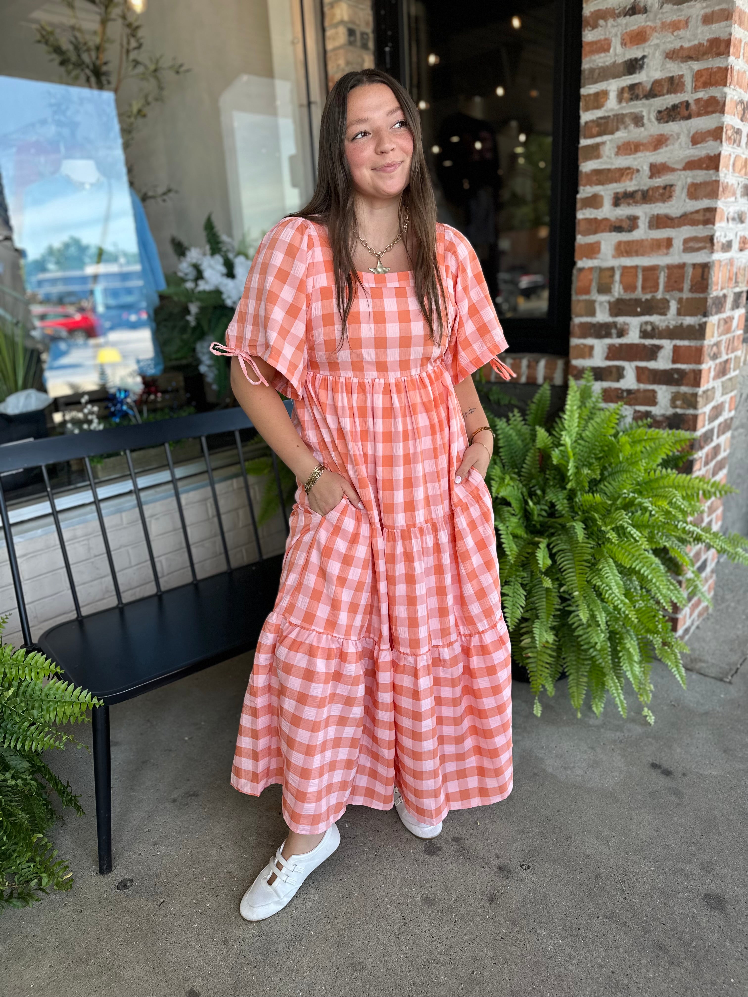 Salmon Gingham Tiered Maxi Dress