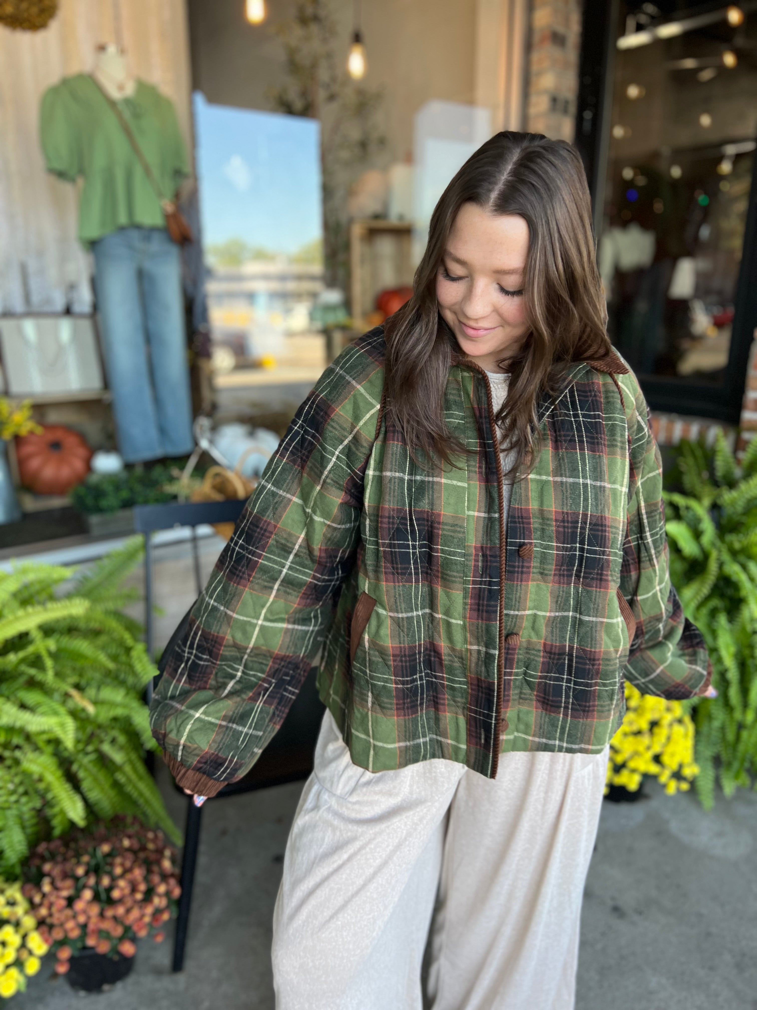 Olive Plaid Quilted Puffer