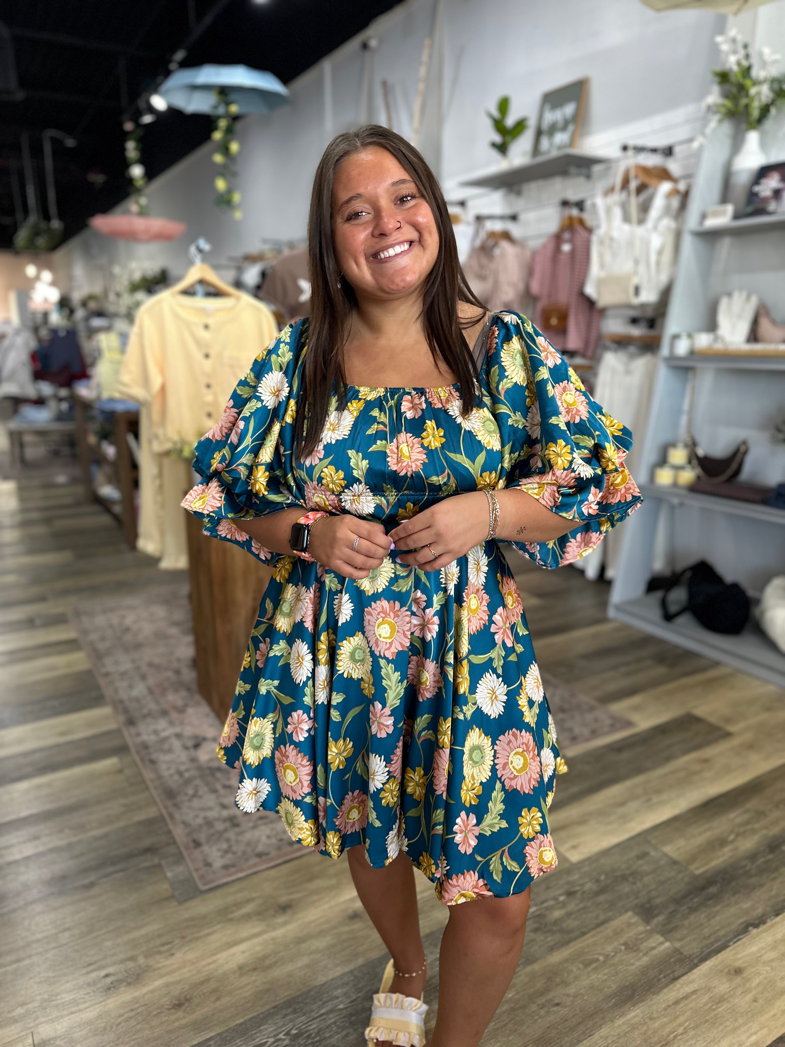 Teal Floral Bubble Sleeve Mini Dress