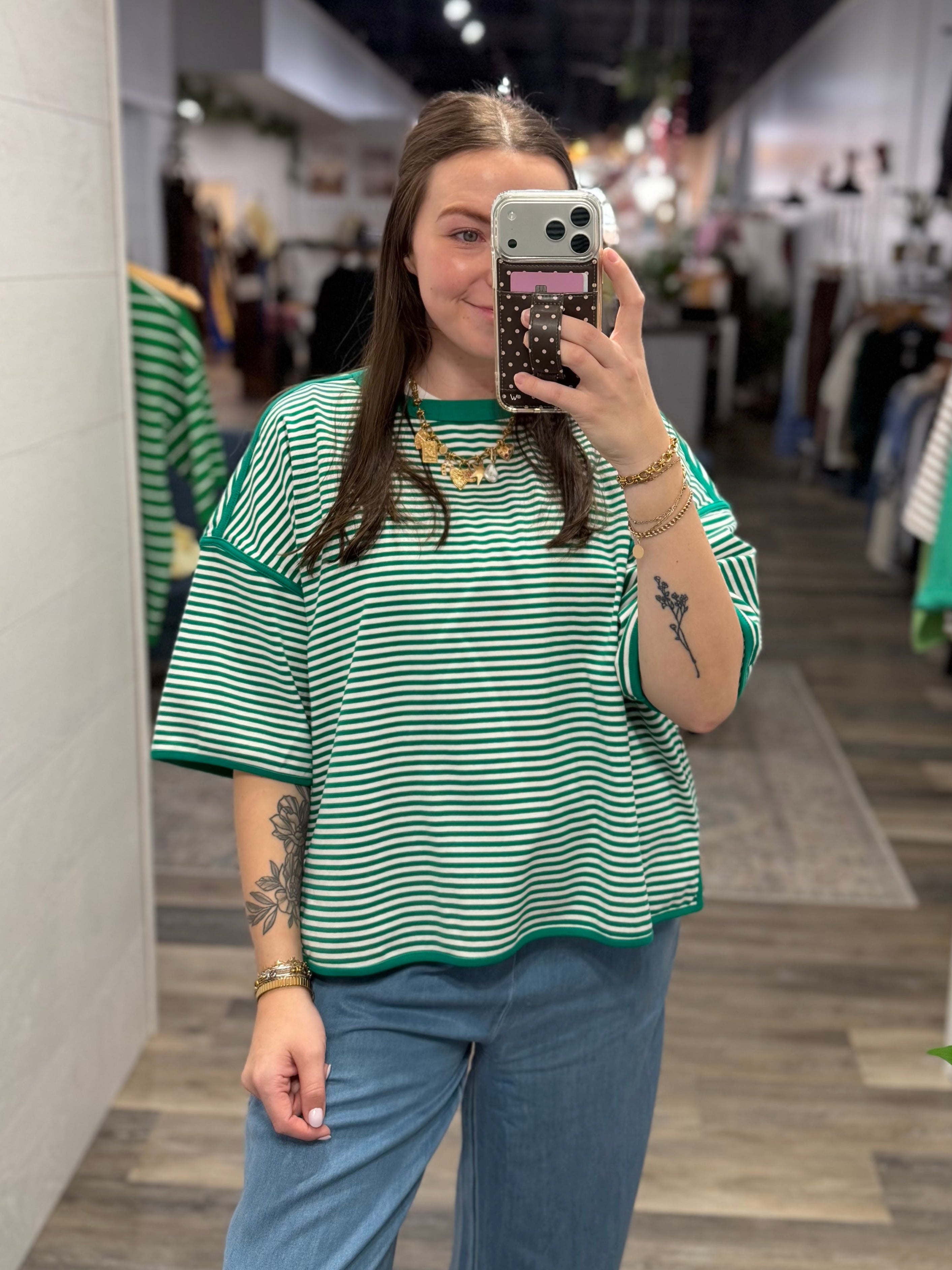 Green Striped Oversized Knit Top