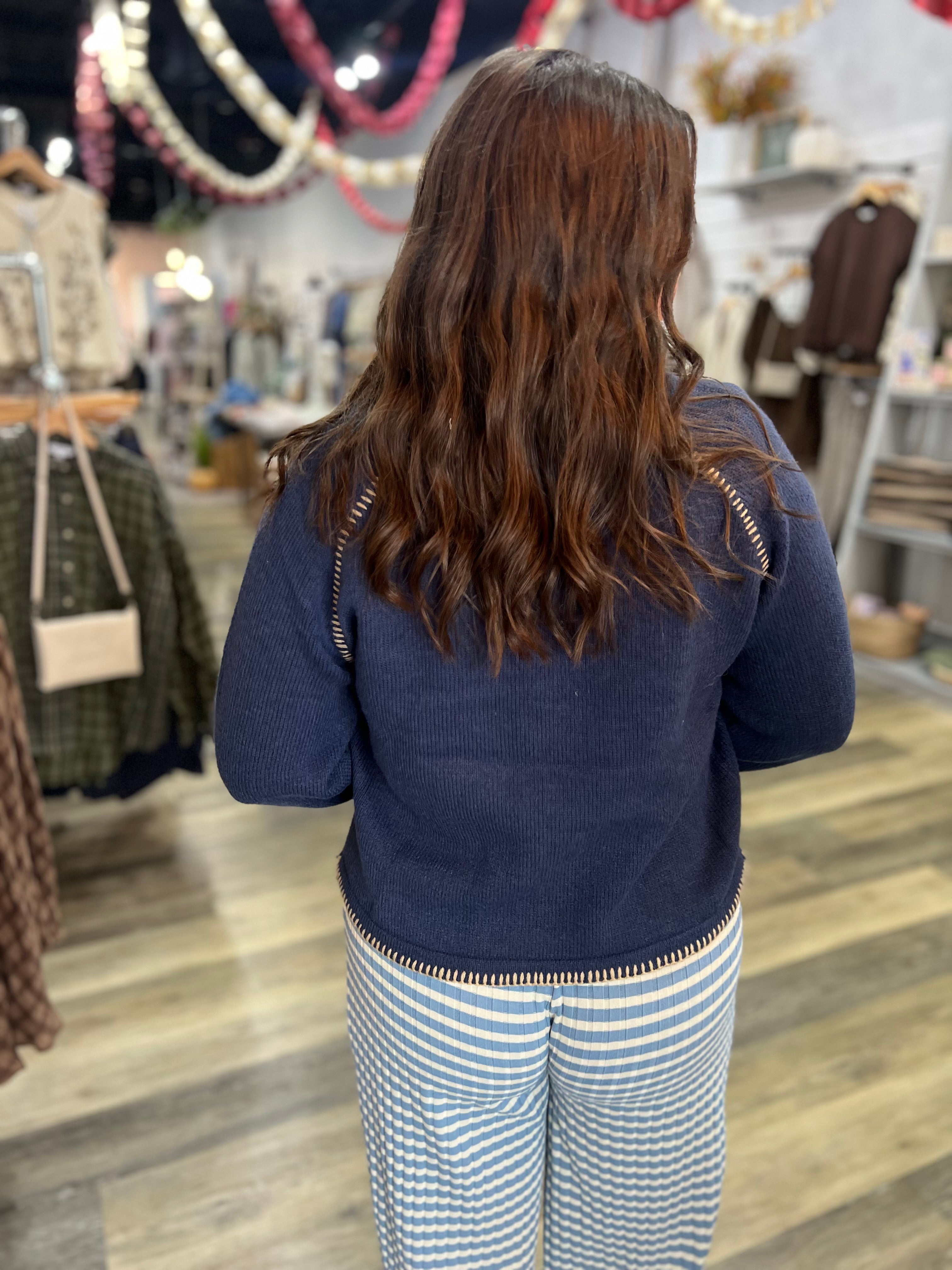 Navy Contrast Stitch Sweater