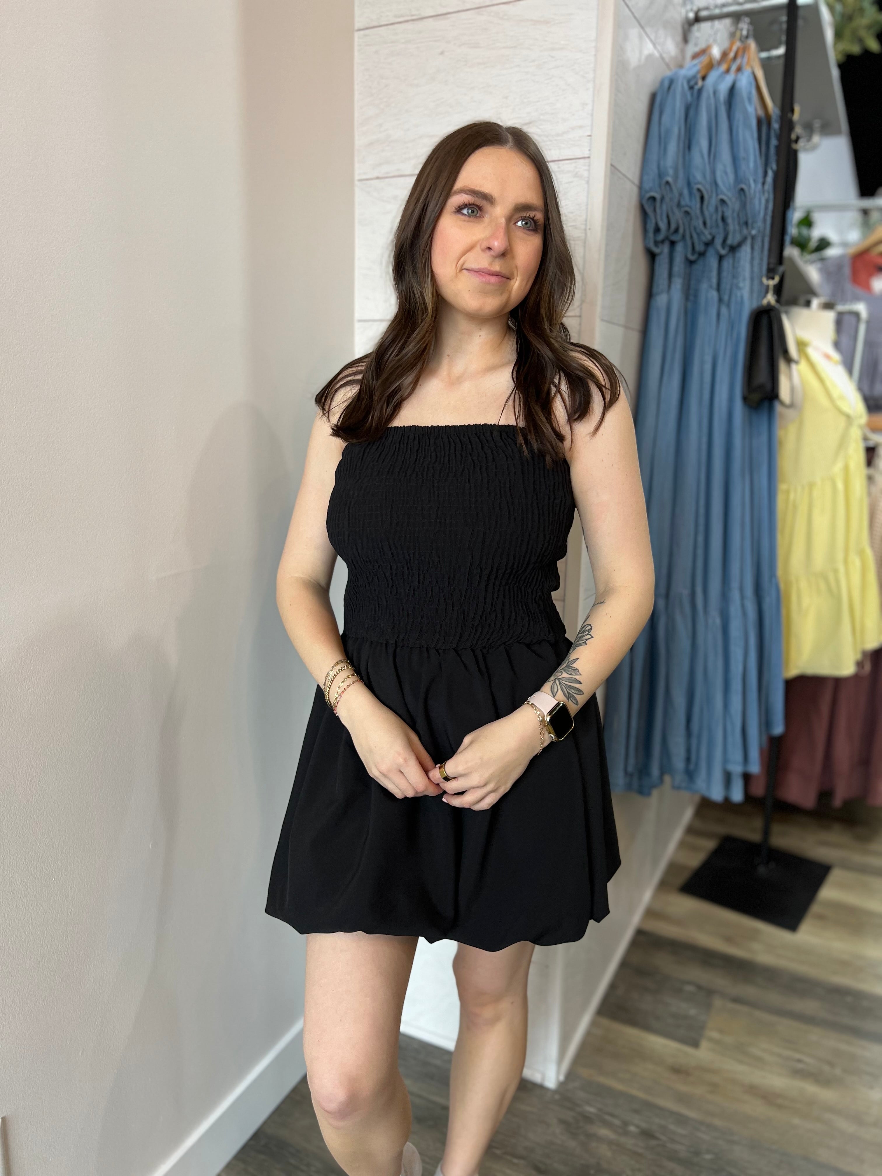 Black Smocked Puff Hem Dress