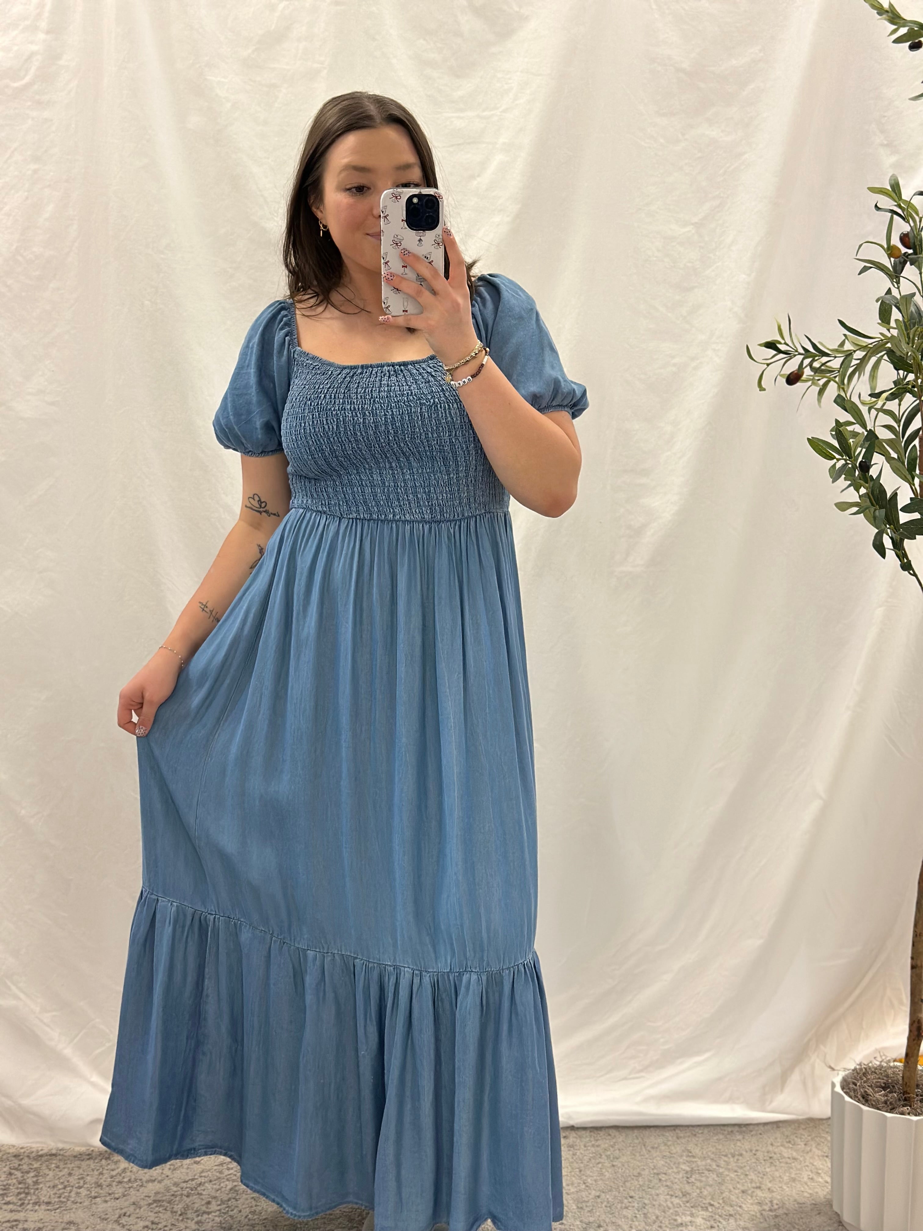 Chambray Smocked Midi Dress