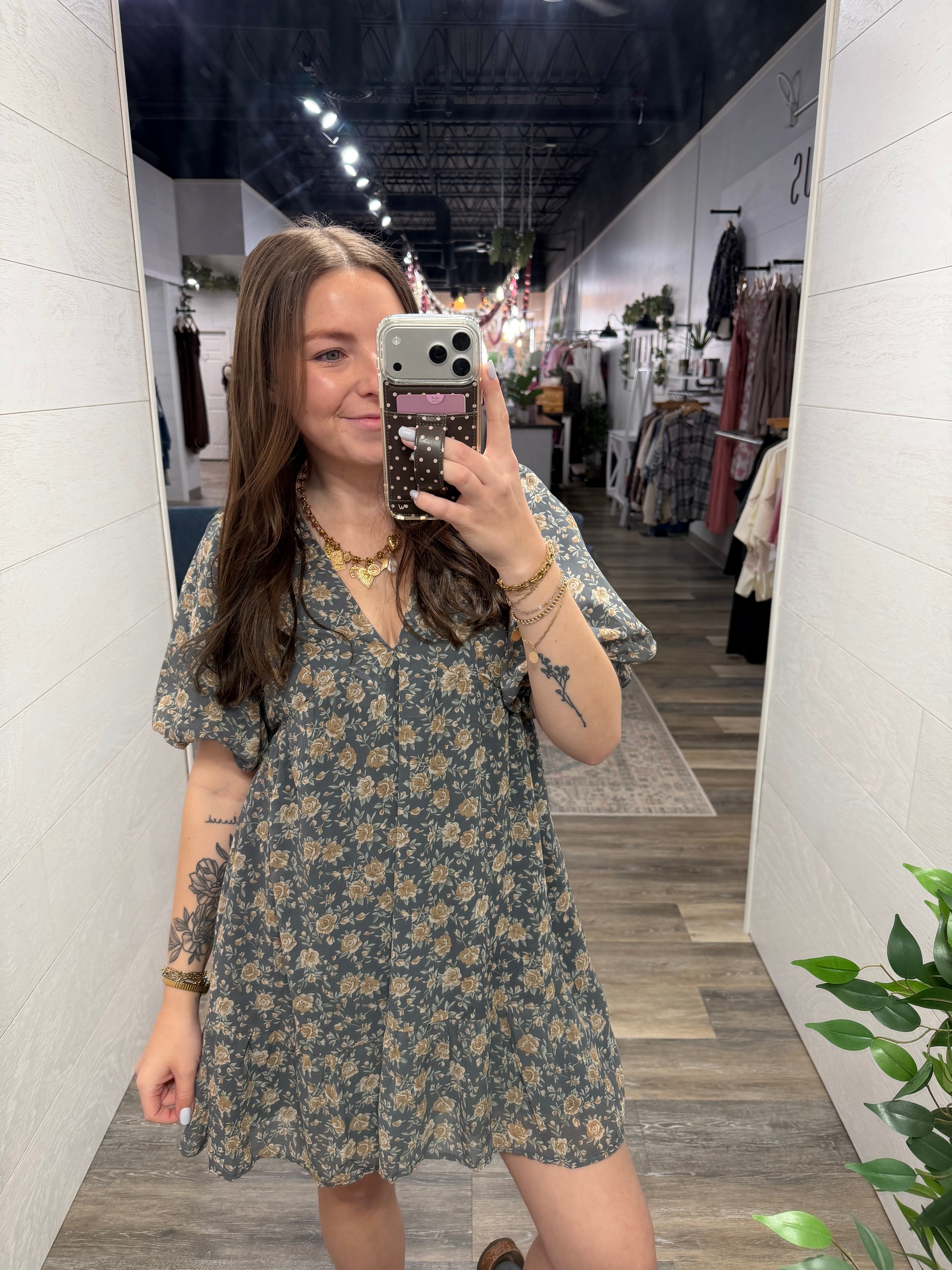 Blue Floral Bubble Sleeve Mini Dress