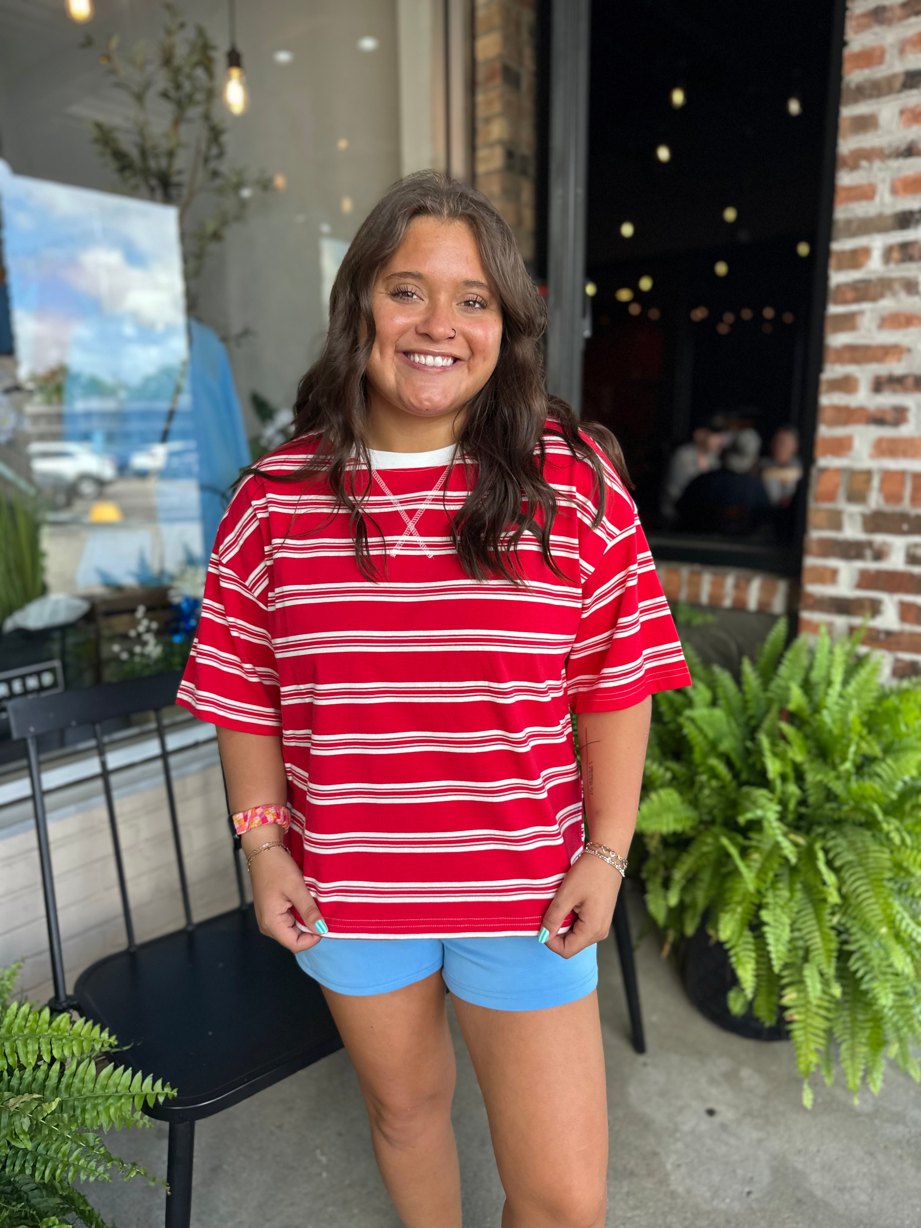 Red Americana Striped Oversized Tee