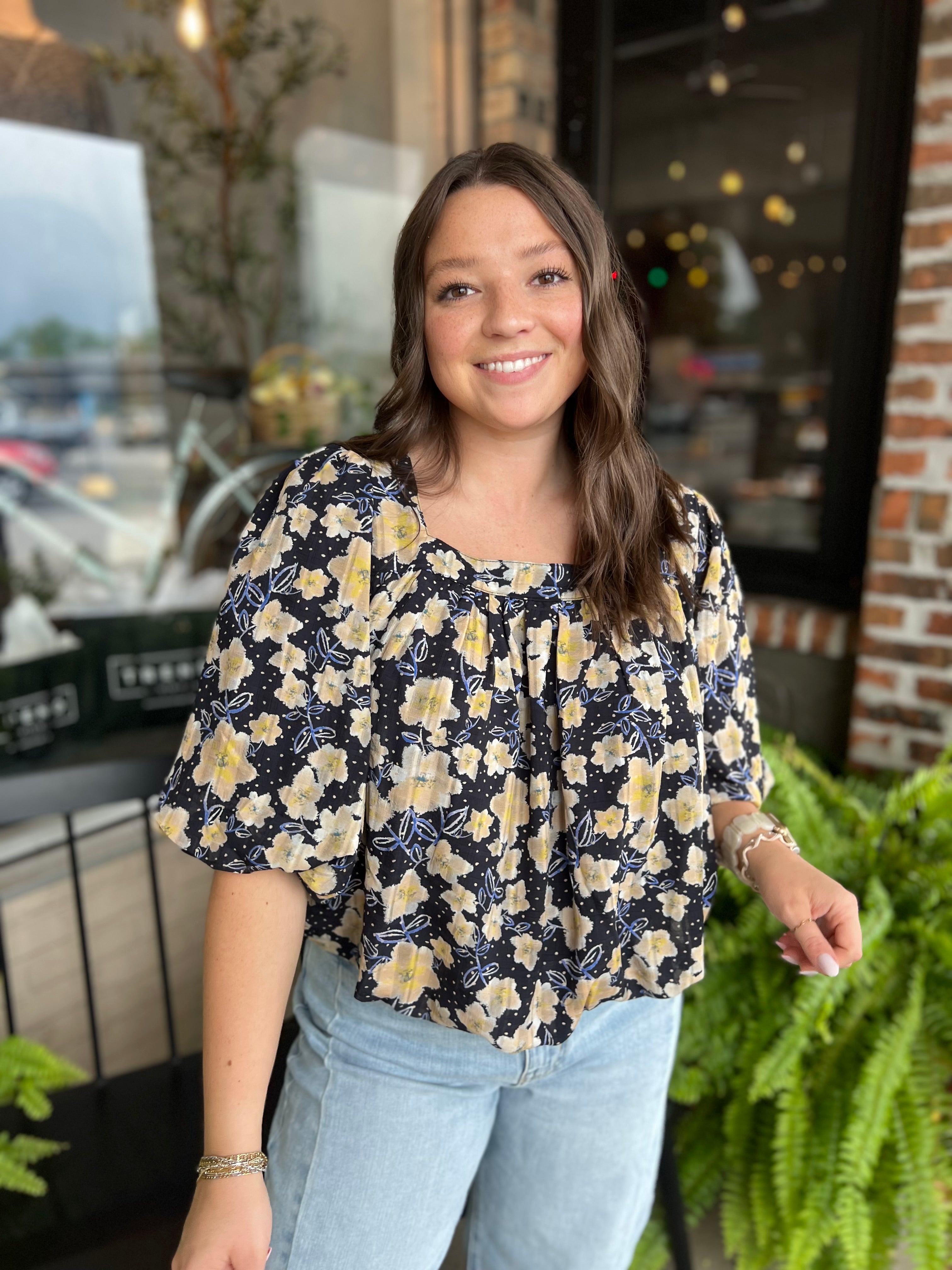 Yellow Floral Square Neck Blouse