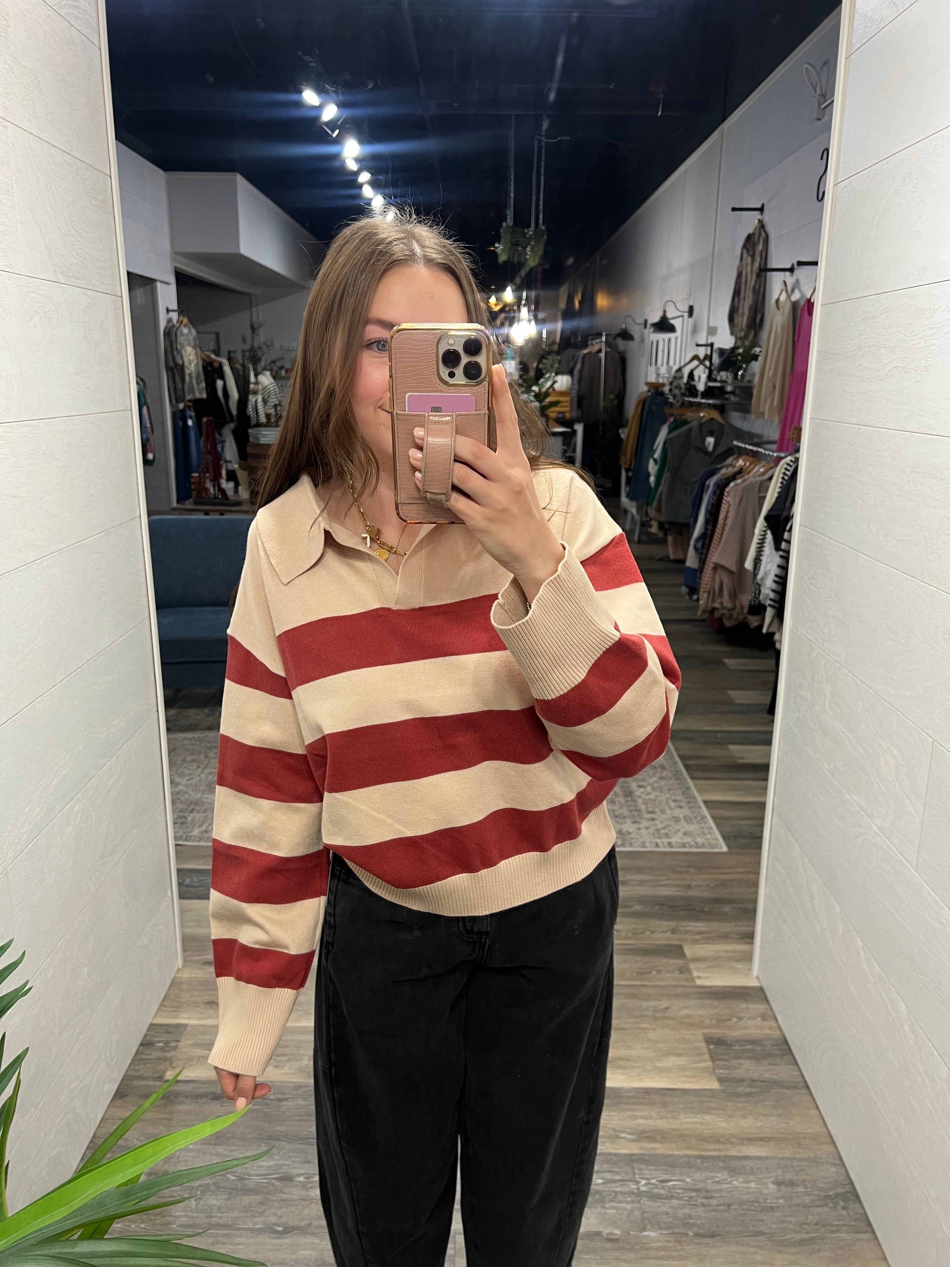 Marsala Wide Stripe Polo Sweater