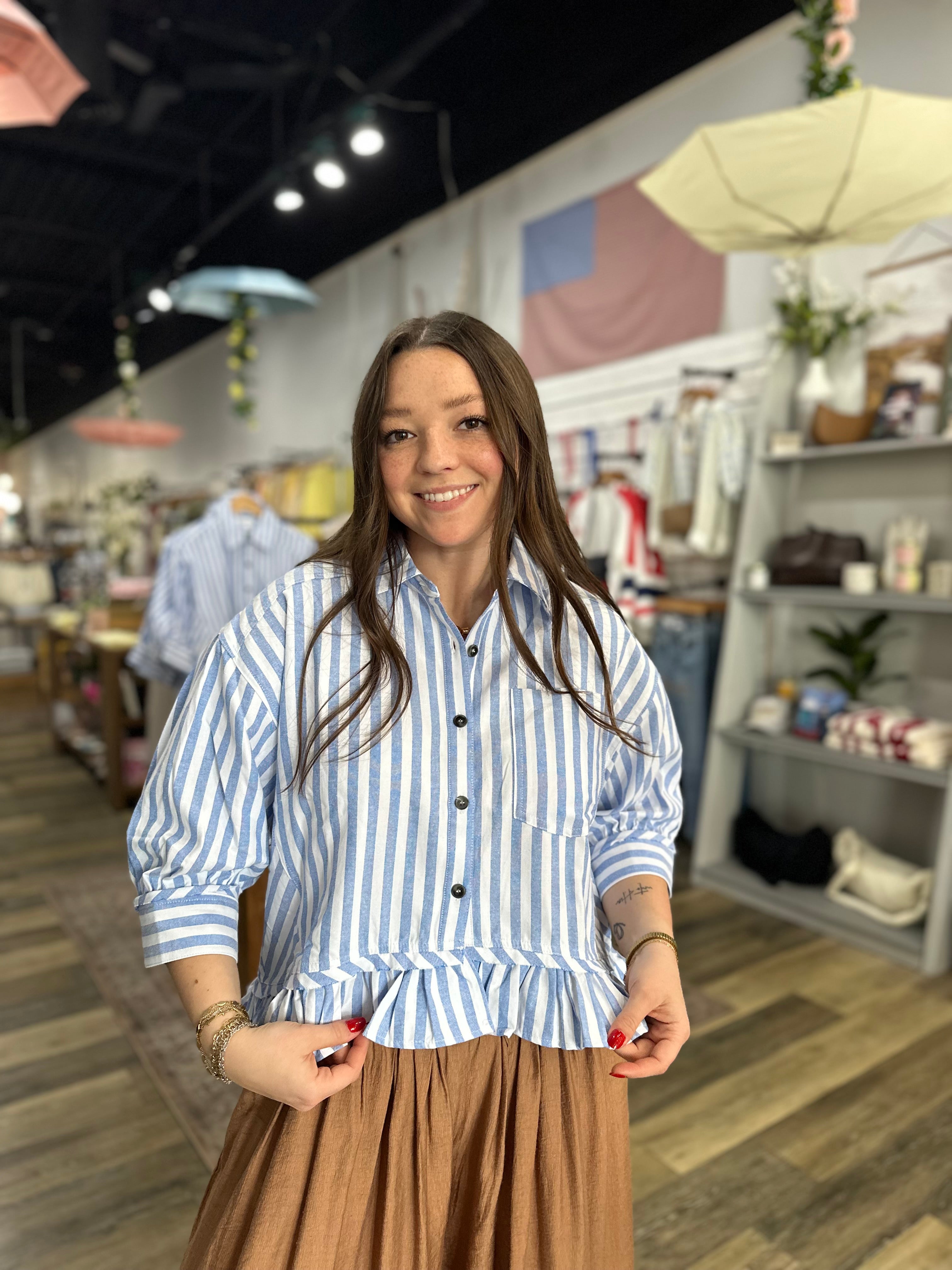 Blue Striped Ruffle Hem Button Down