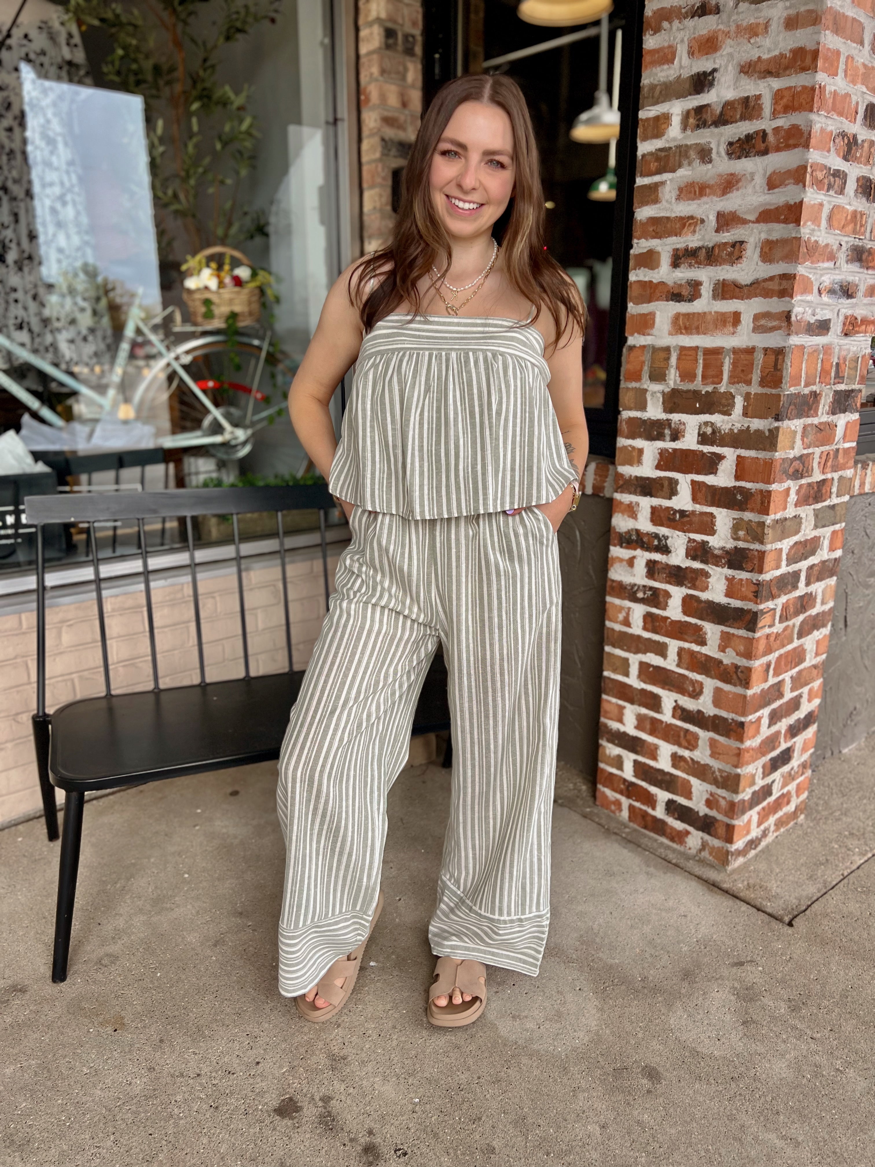 Sage Stripe Wide Leg Jumpsuit