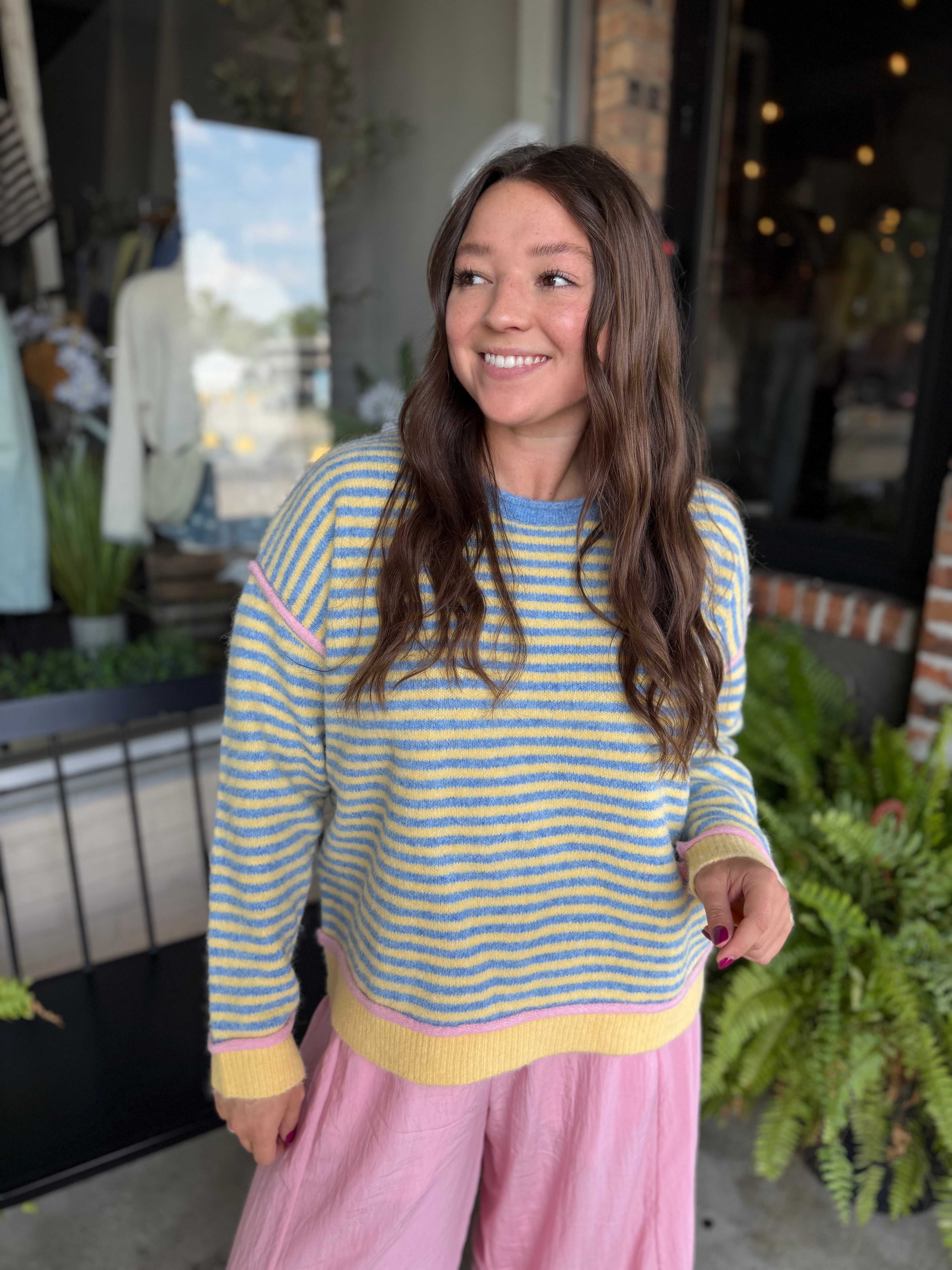 Blue Yellow Contrast Trim Stripe Sweater