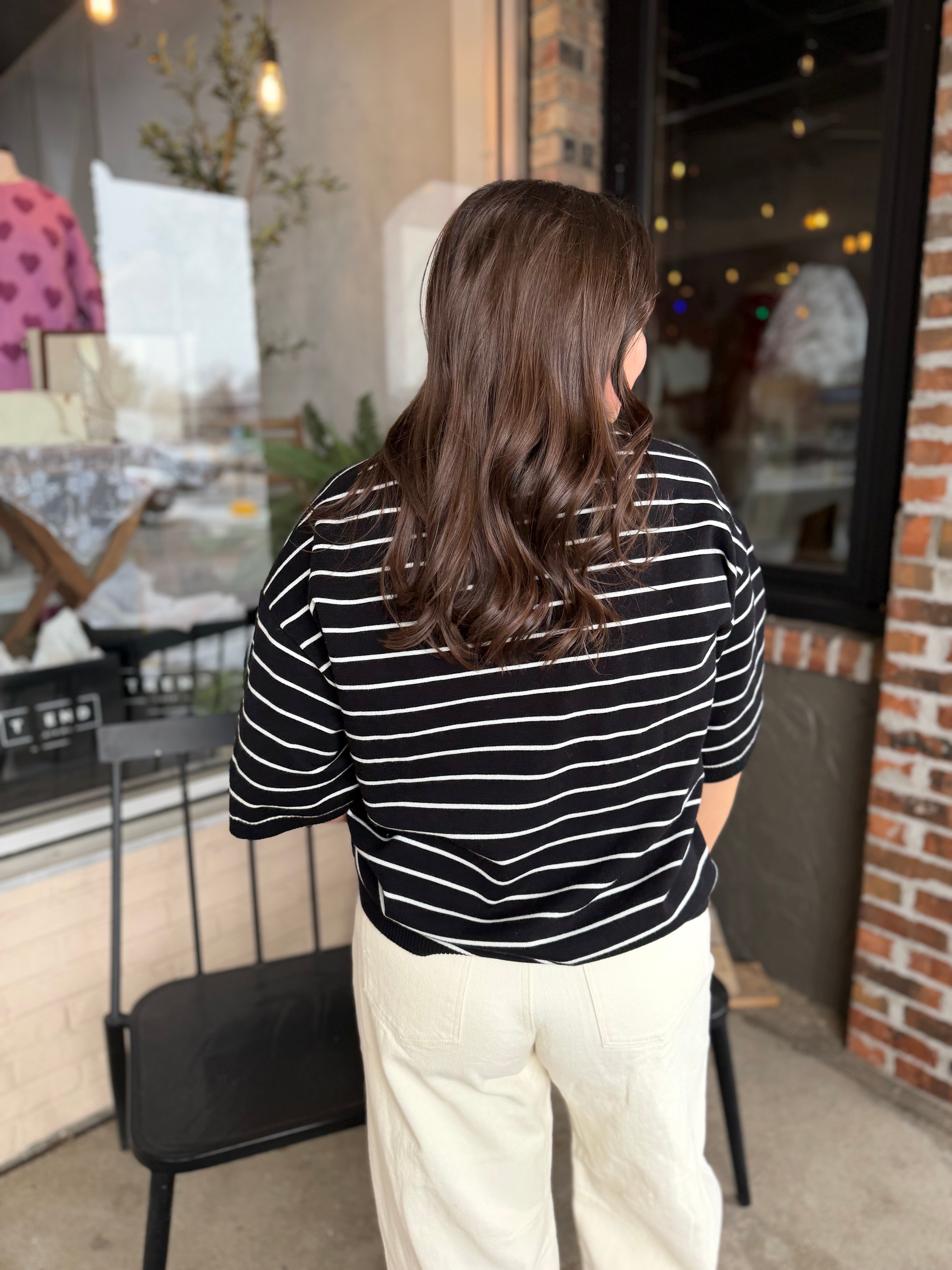 Black Striped Knit Short Sleeve Top