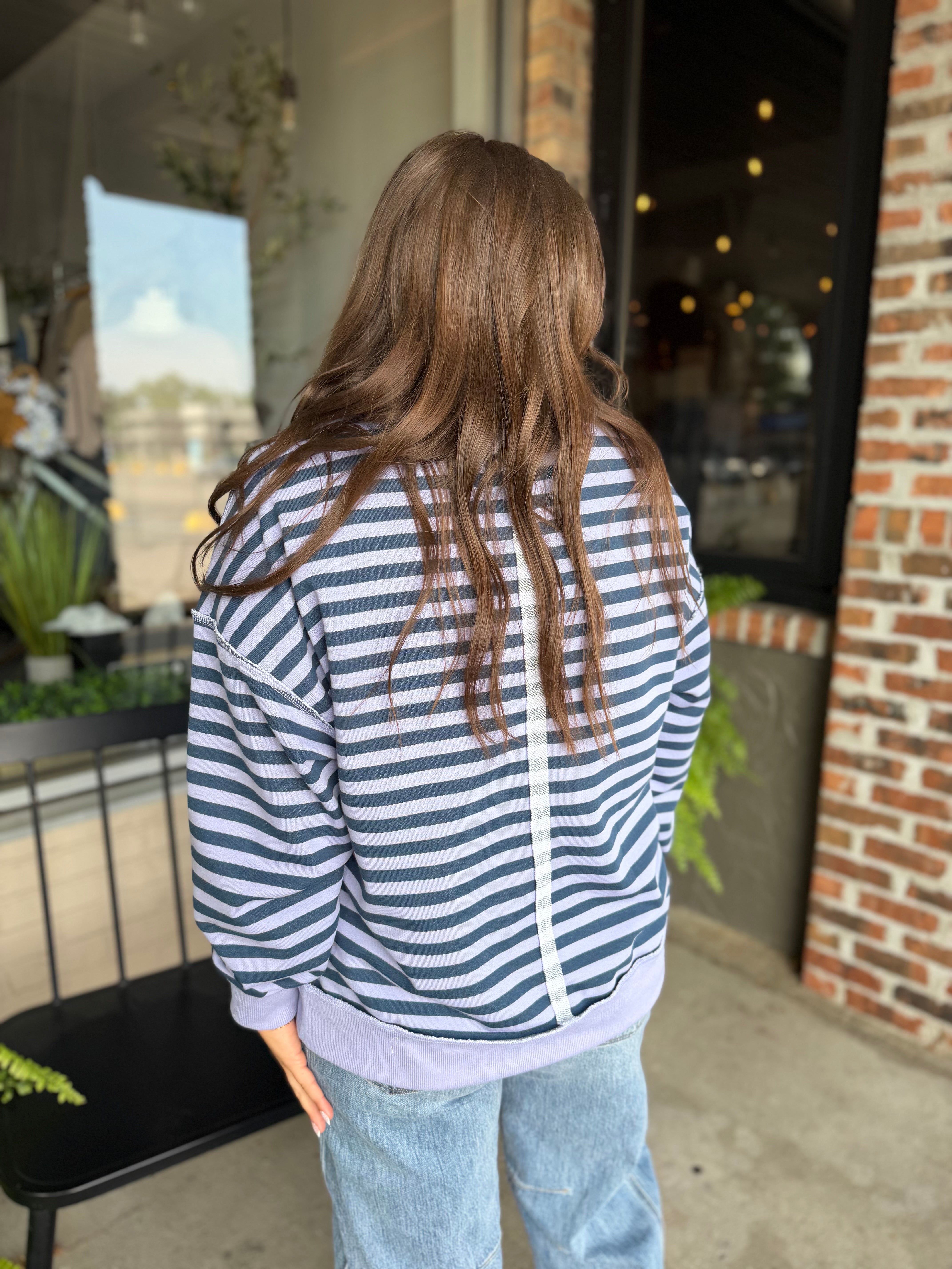 Lavender Navy Stripe Mock Neck