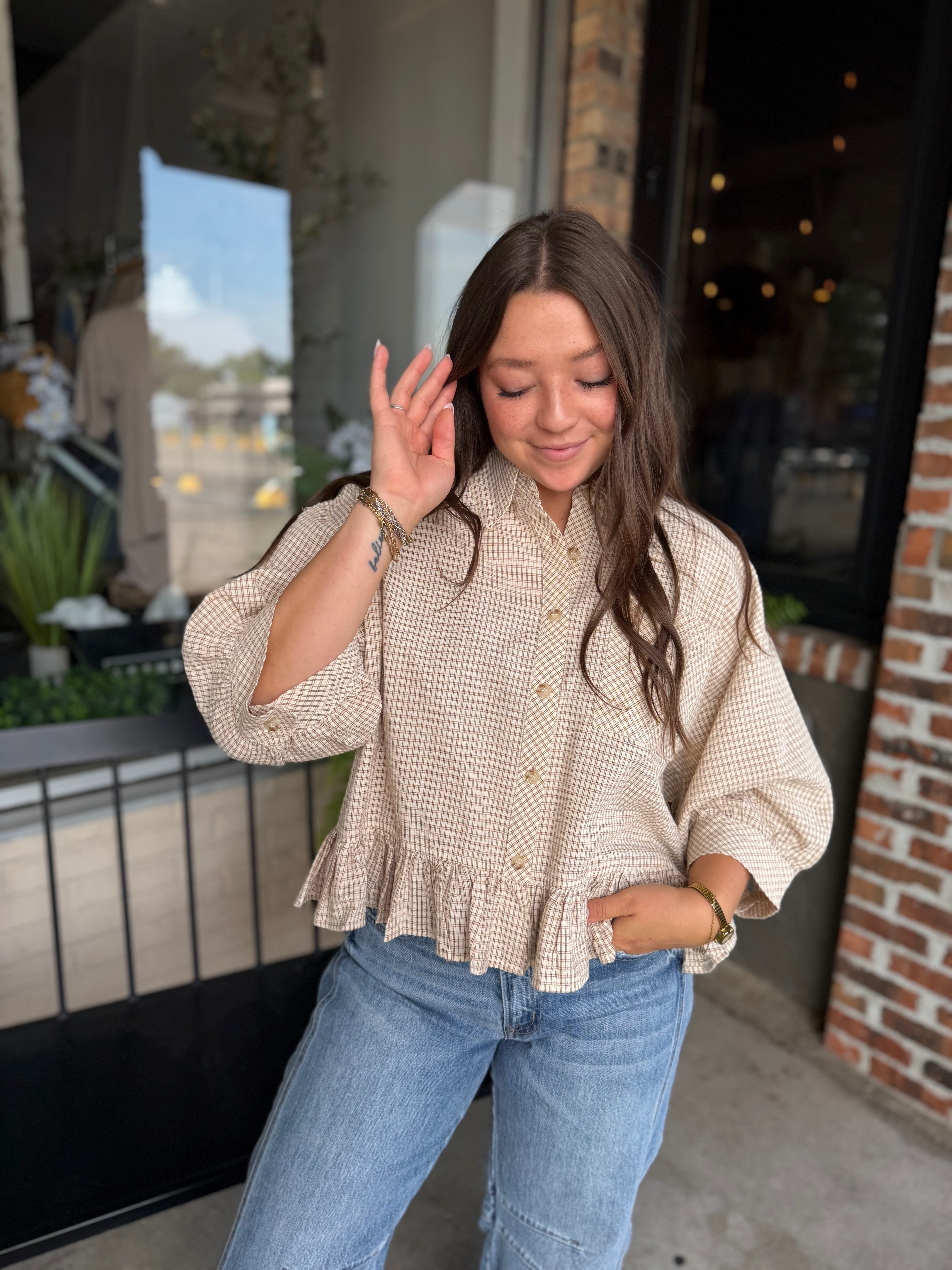 Oat Micro Check Button Down Top