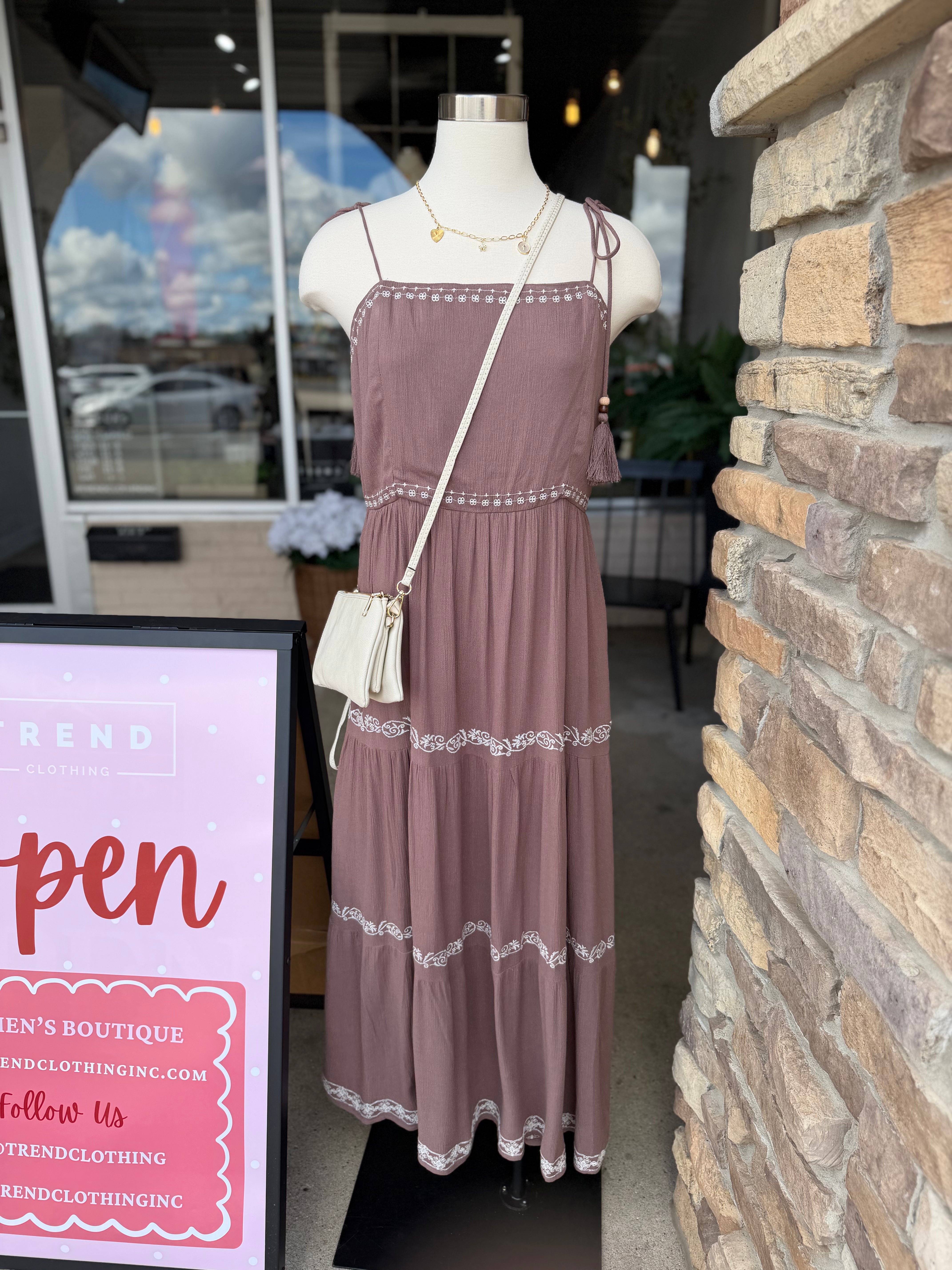 Brown Embroidered Tiered Dress