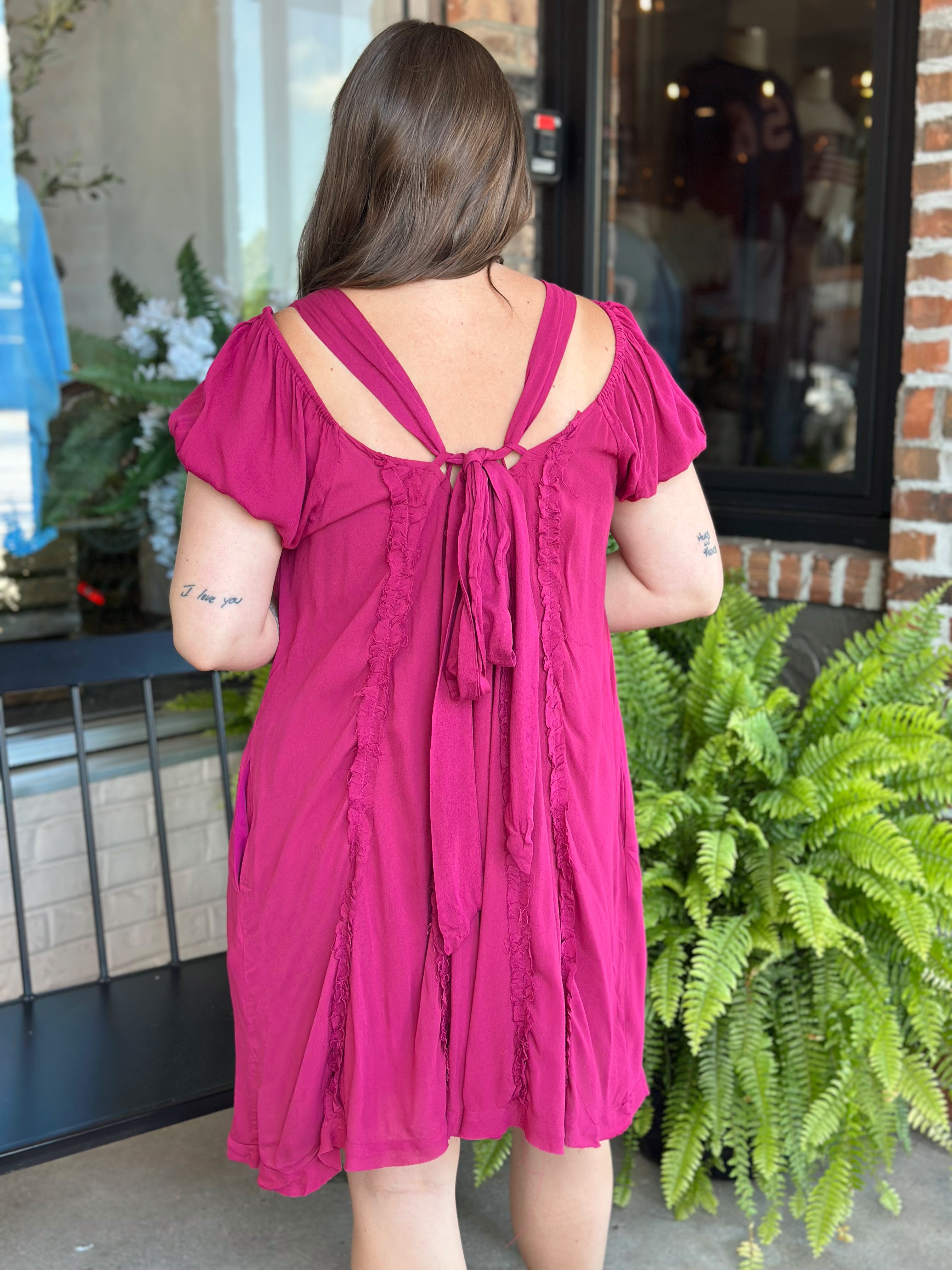 Magenta Ruffle Trim Babydoll Mini Dress
