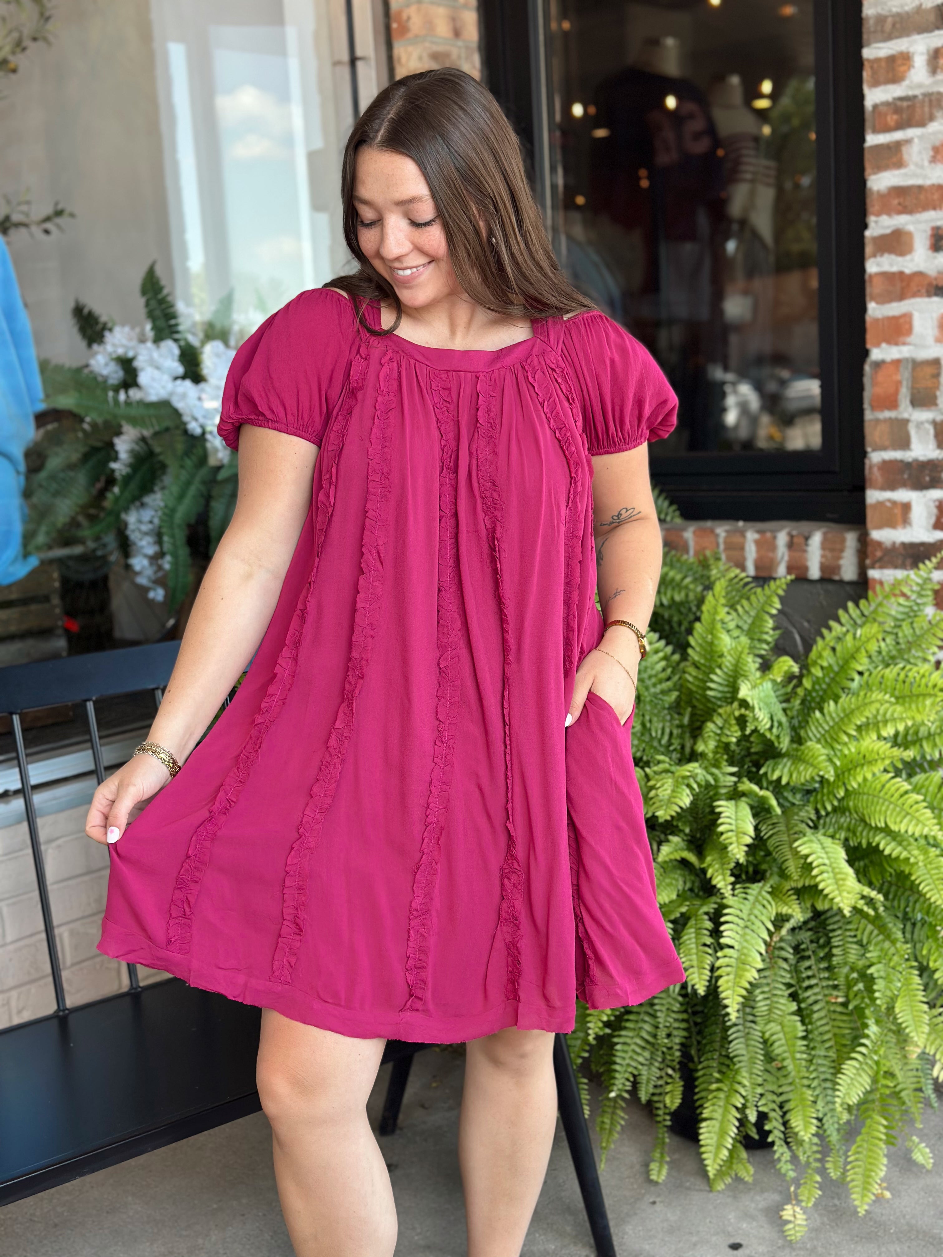 Magenta Ruffle Trim Babydoll Mini Dress