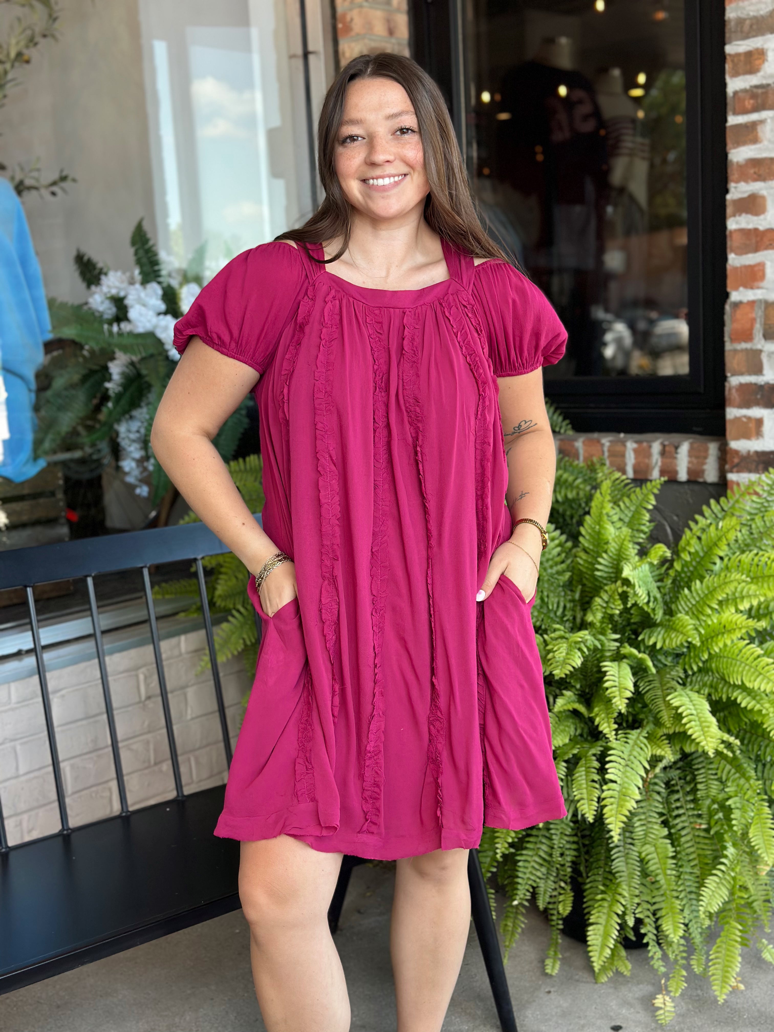 Magenta Ruffle Trim Babydoll Mini Dress