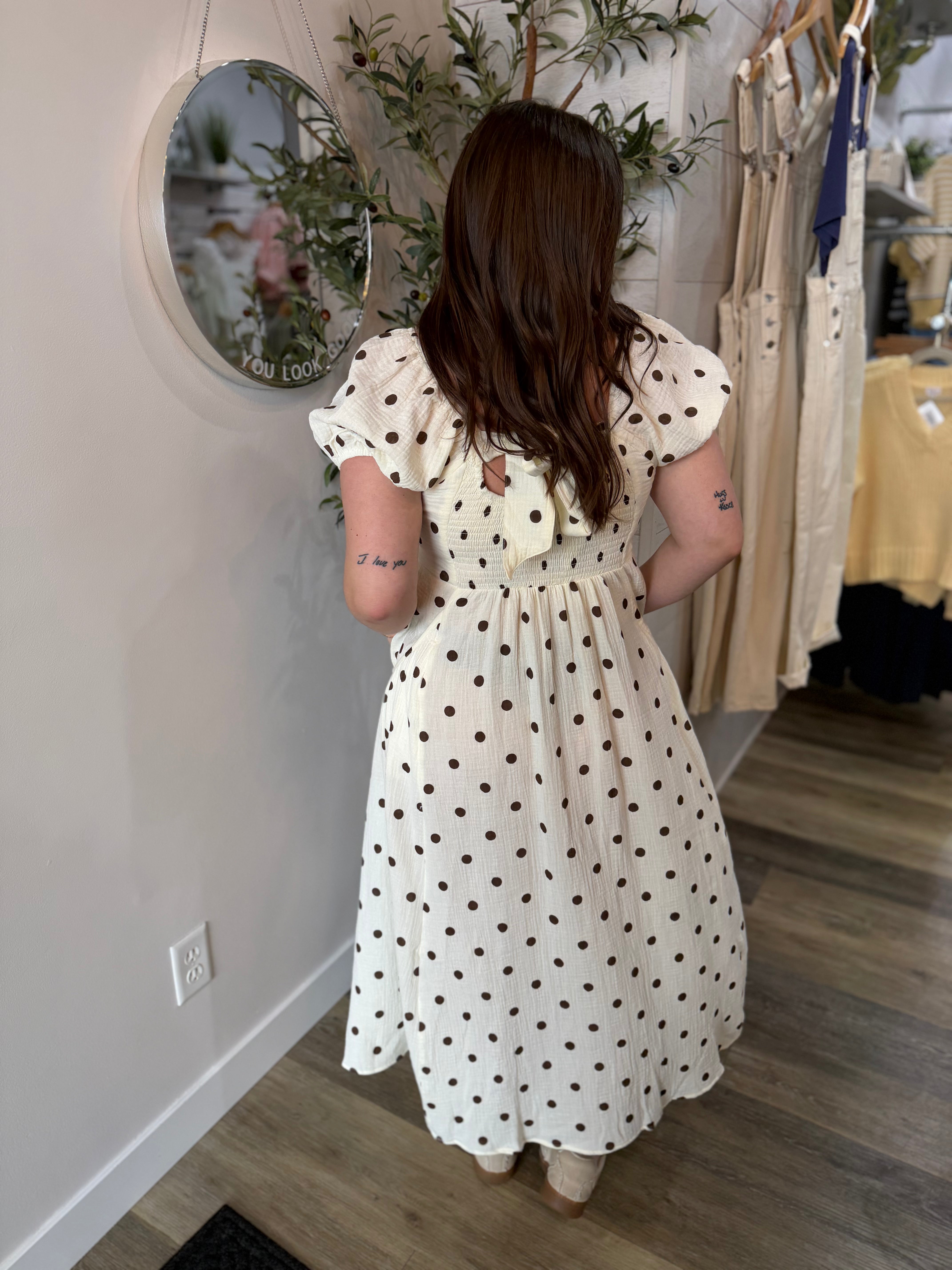 Cream Dot Print Midi Dress