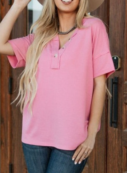 Pink Waffle V-Neck Button Top