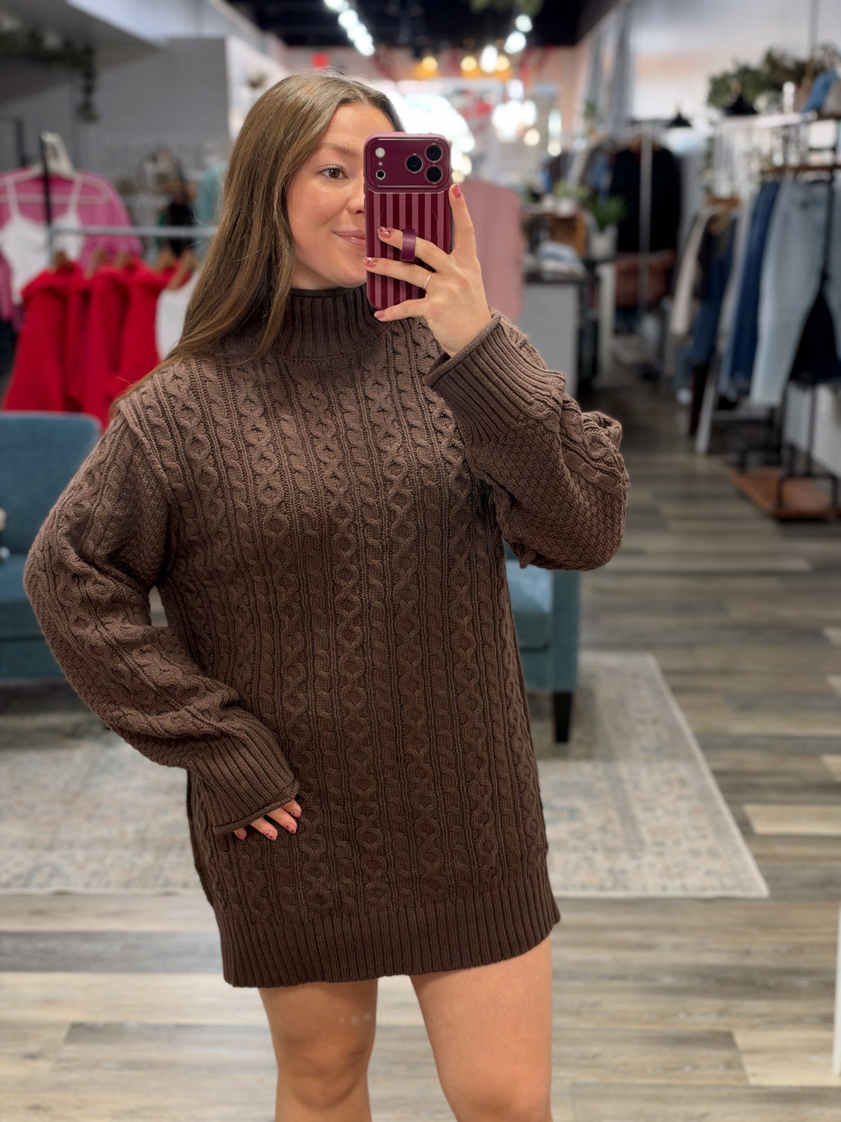 Brown Cable Knit Sweater Dress