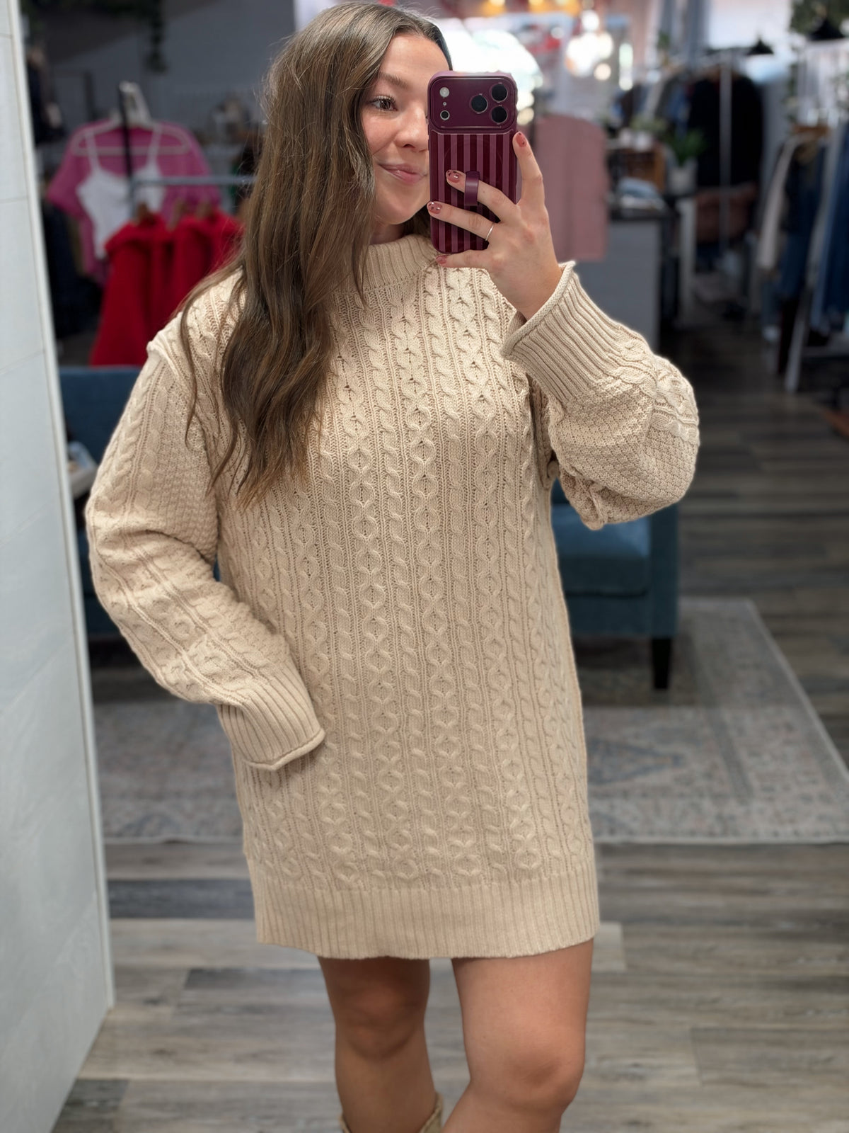Taupe Cable Knit Sweater Dress