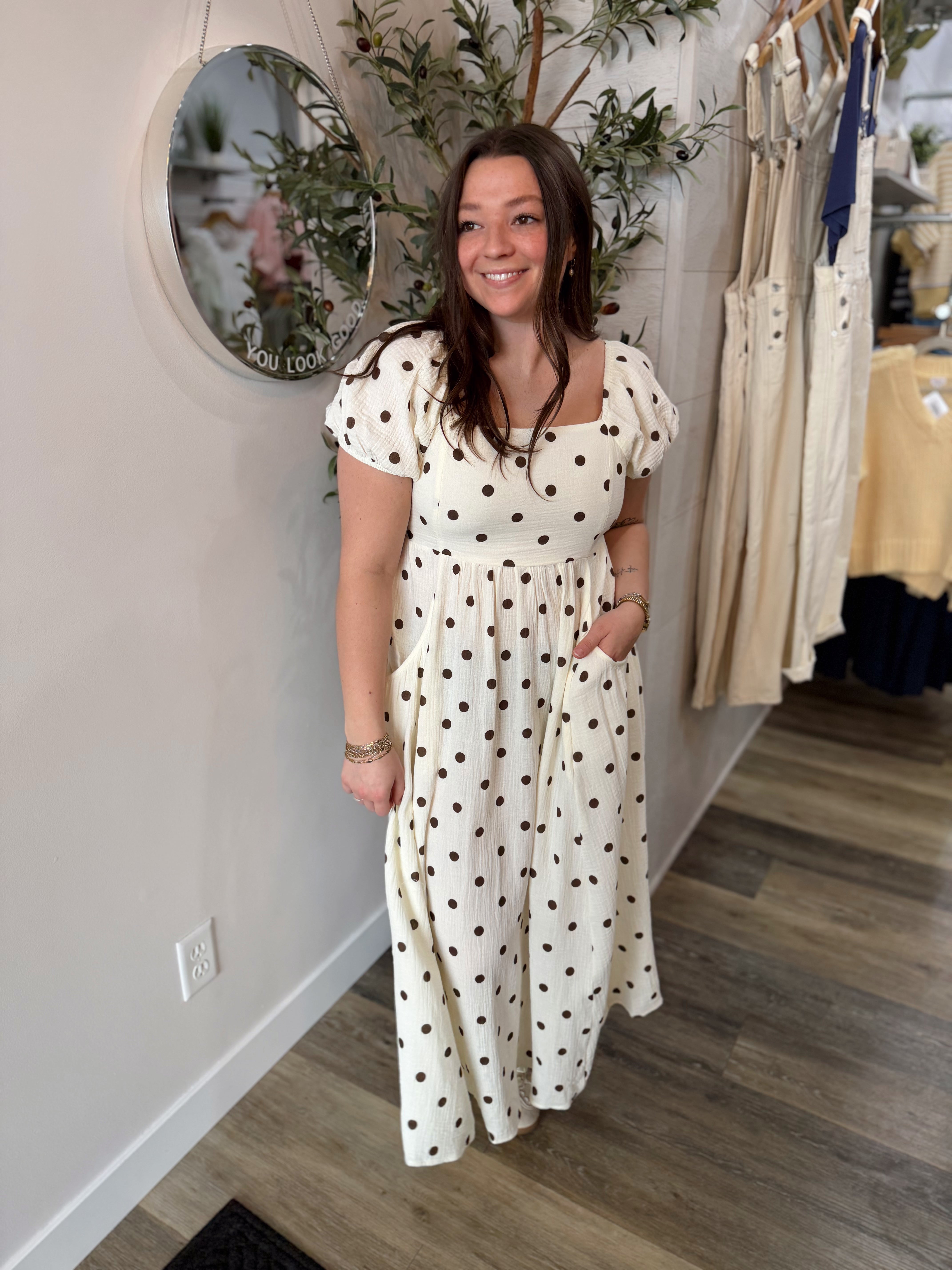 Cream Dot Print Midi Dress