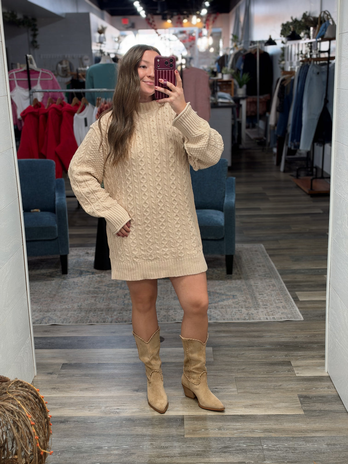 Taupe Cable Knit Sweater Dress