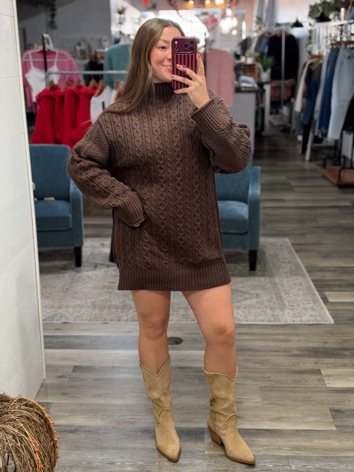 Brown Cable Knit Sweater Dress