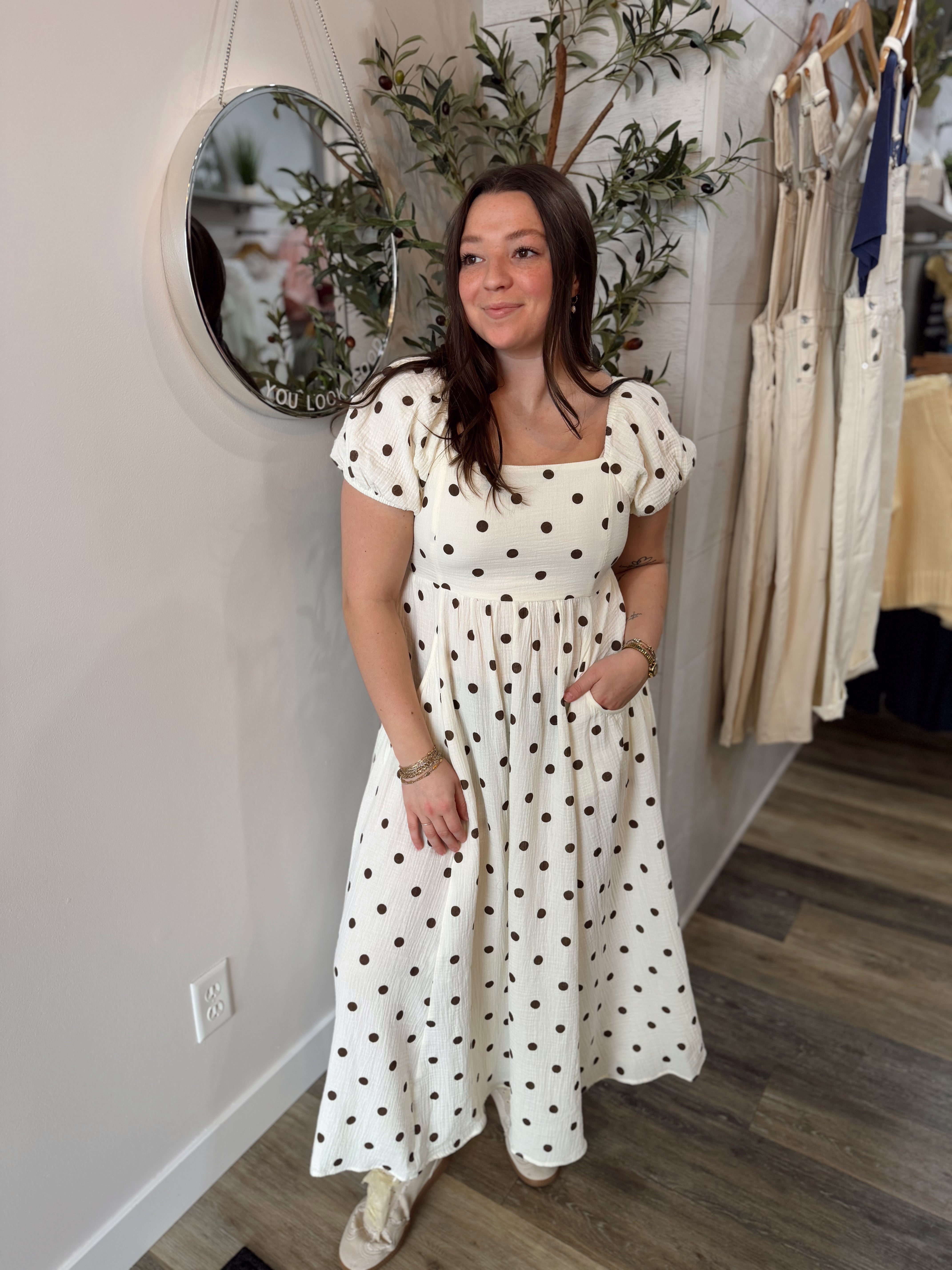 Cream Dot Print Midi Dress
