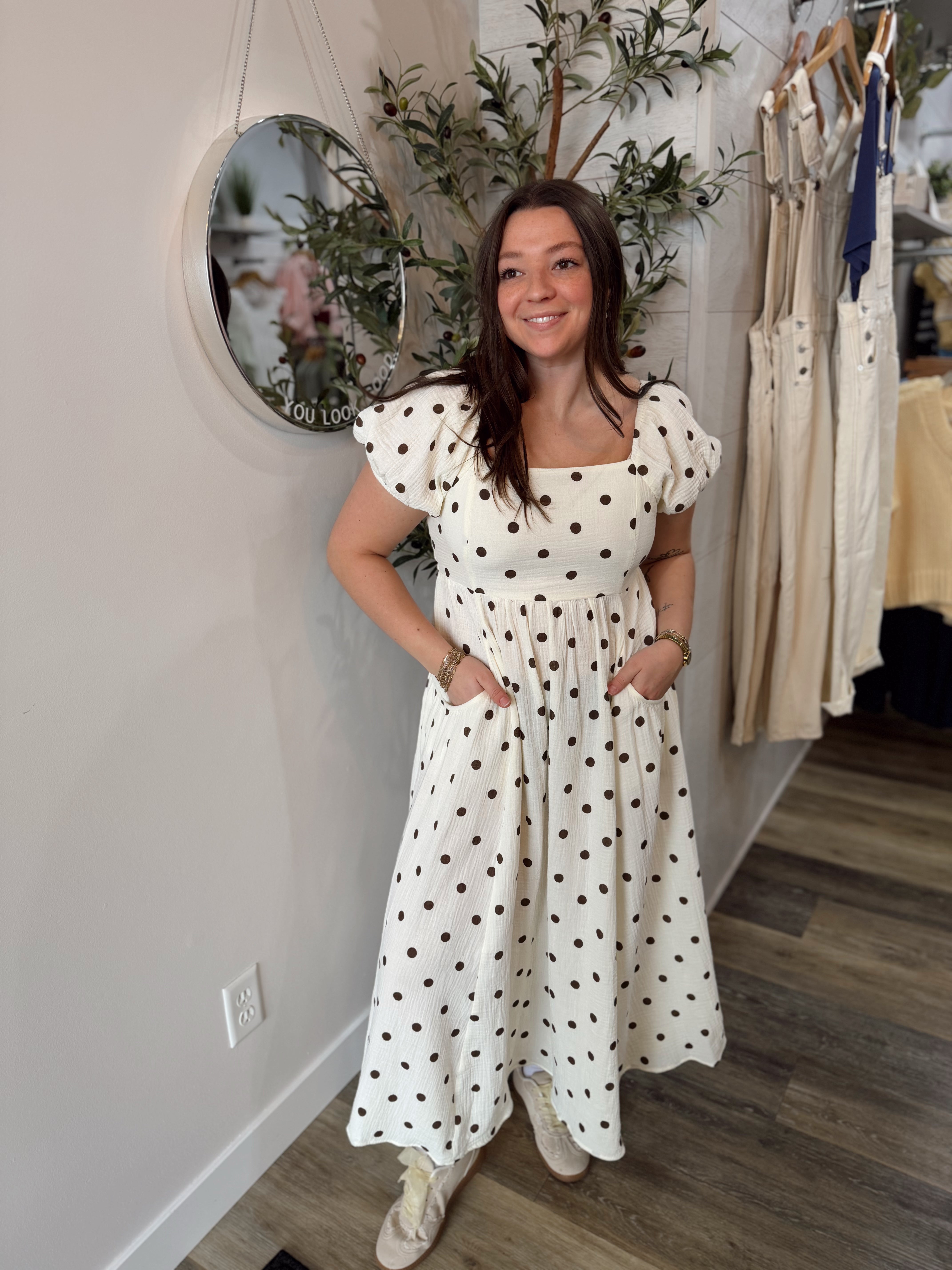 Cream Dot Print Midi Dress